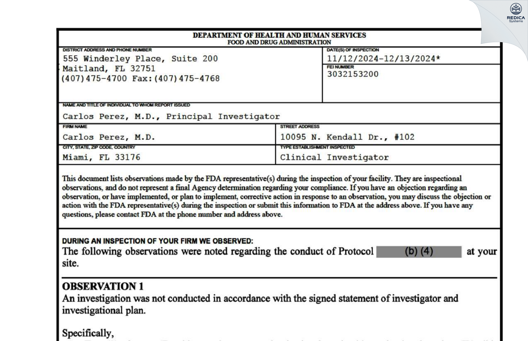 FDA 483 - Carlos Perez, M.D. [Miami / United States of America] - Download PDF - Redica Systems