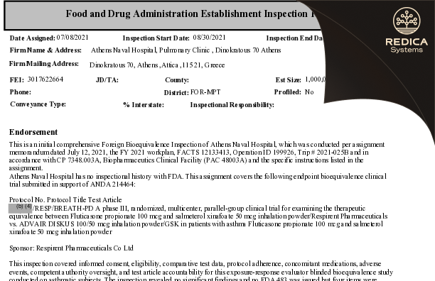 EIR - Athens Naval Hospital, Pulmonary Clinic [Athens / Greece] - Download PDF - Redica Systems