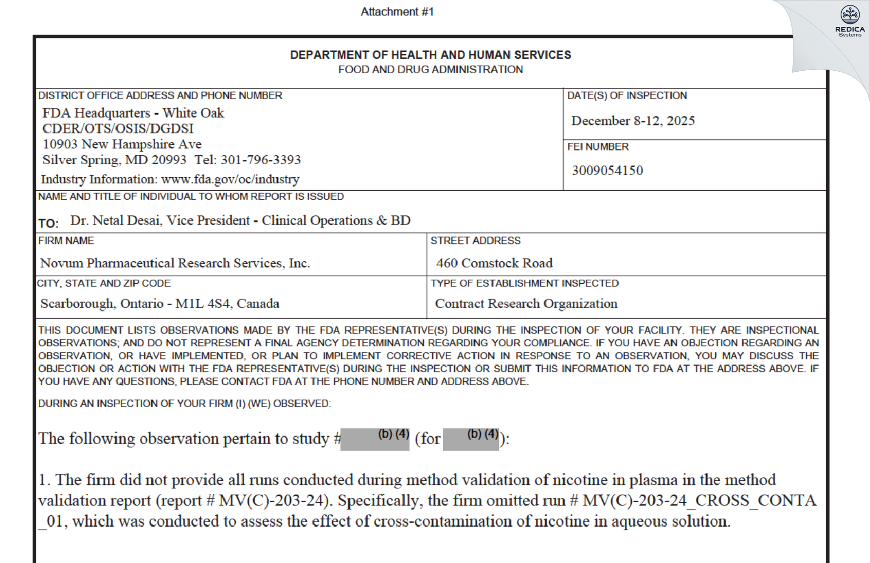FDA 483 - Novum Pharmaceutical Research Services Inc. [Scarborough / Canada] - Download PDF - Redica Systems