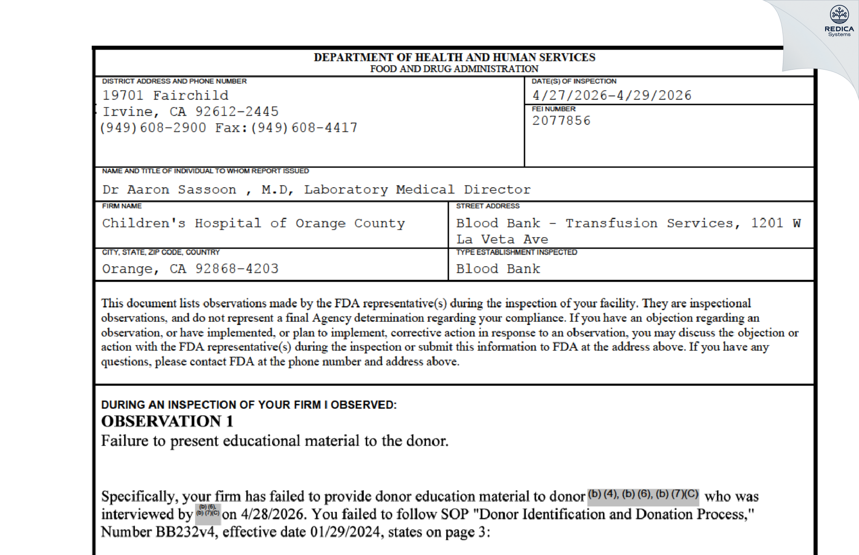 FDA 483 - Children's Hospital of Orange County [Orange / United States of America] - Download PDF - Redica Systems