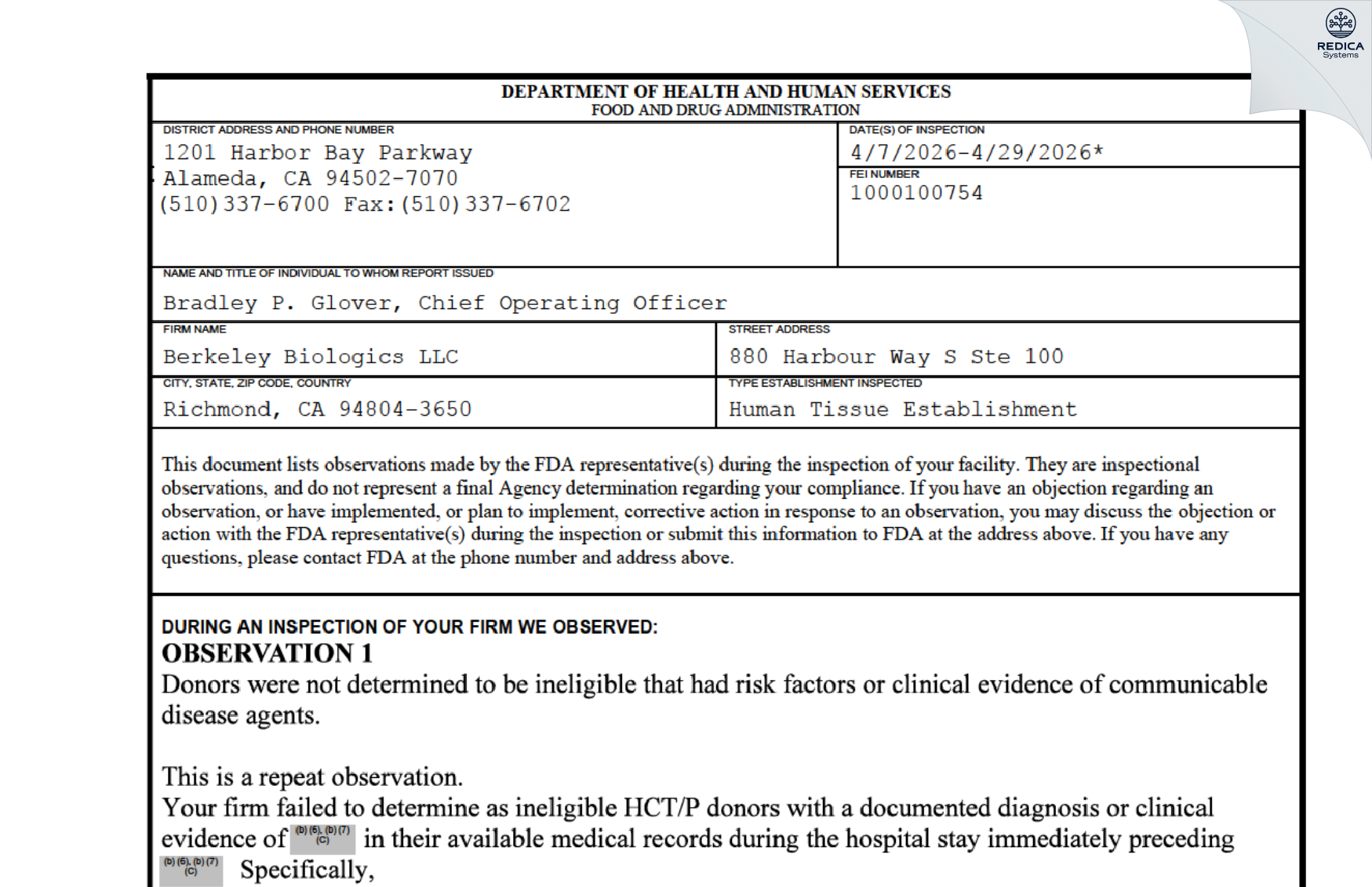 FDA 483 - Berkeley Biologics LLC [Richmond / United States of America] - Download PDF - Redica Systems