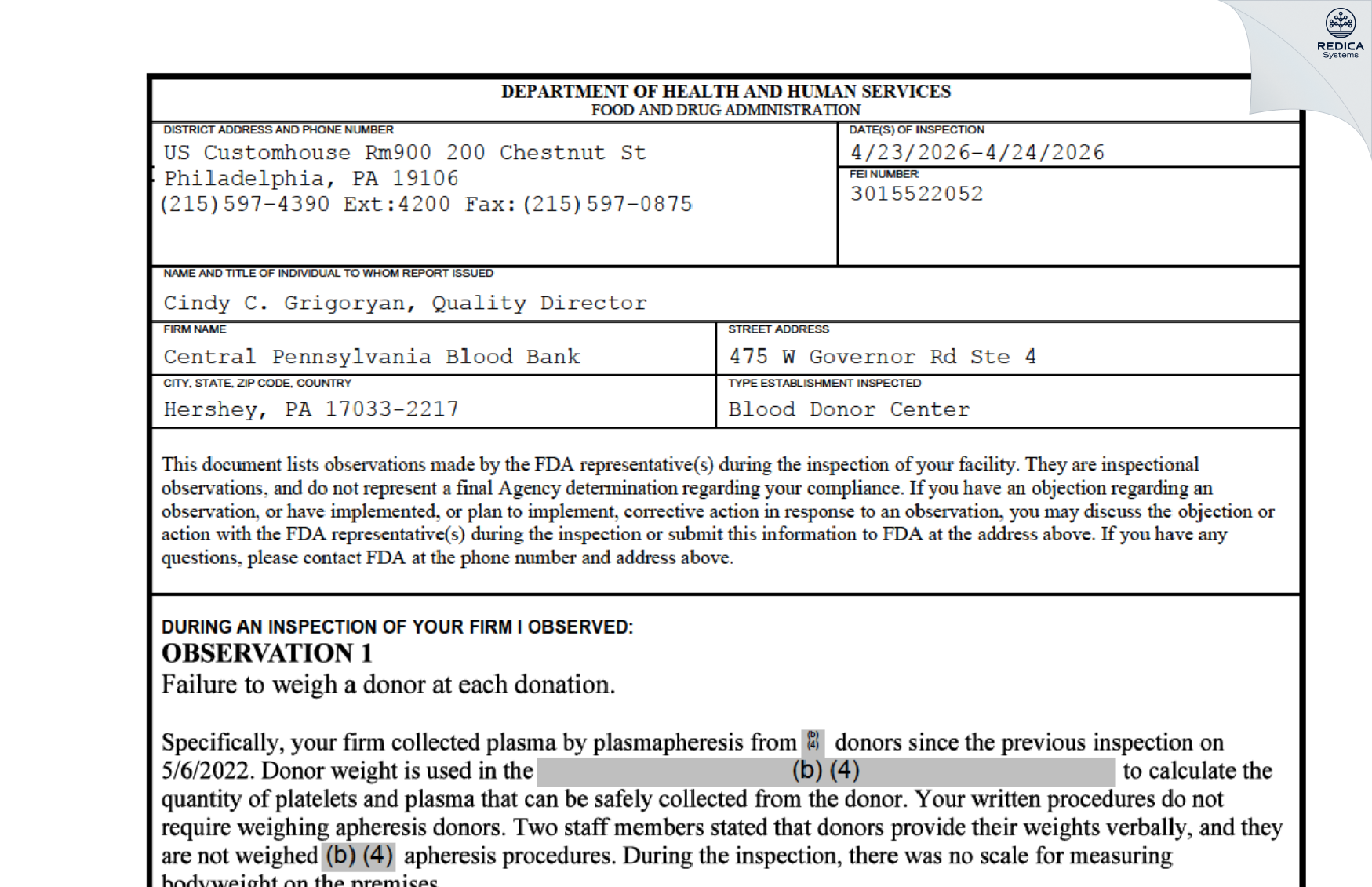 FDA 483 - Central Pennsylvania Blood Bank [Hershey / United States of America] - Download PDF - Redica Systems