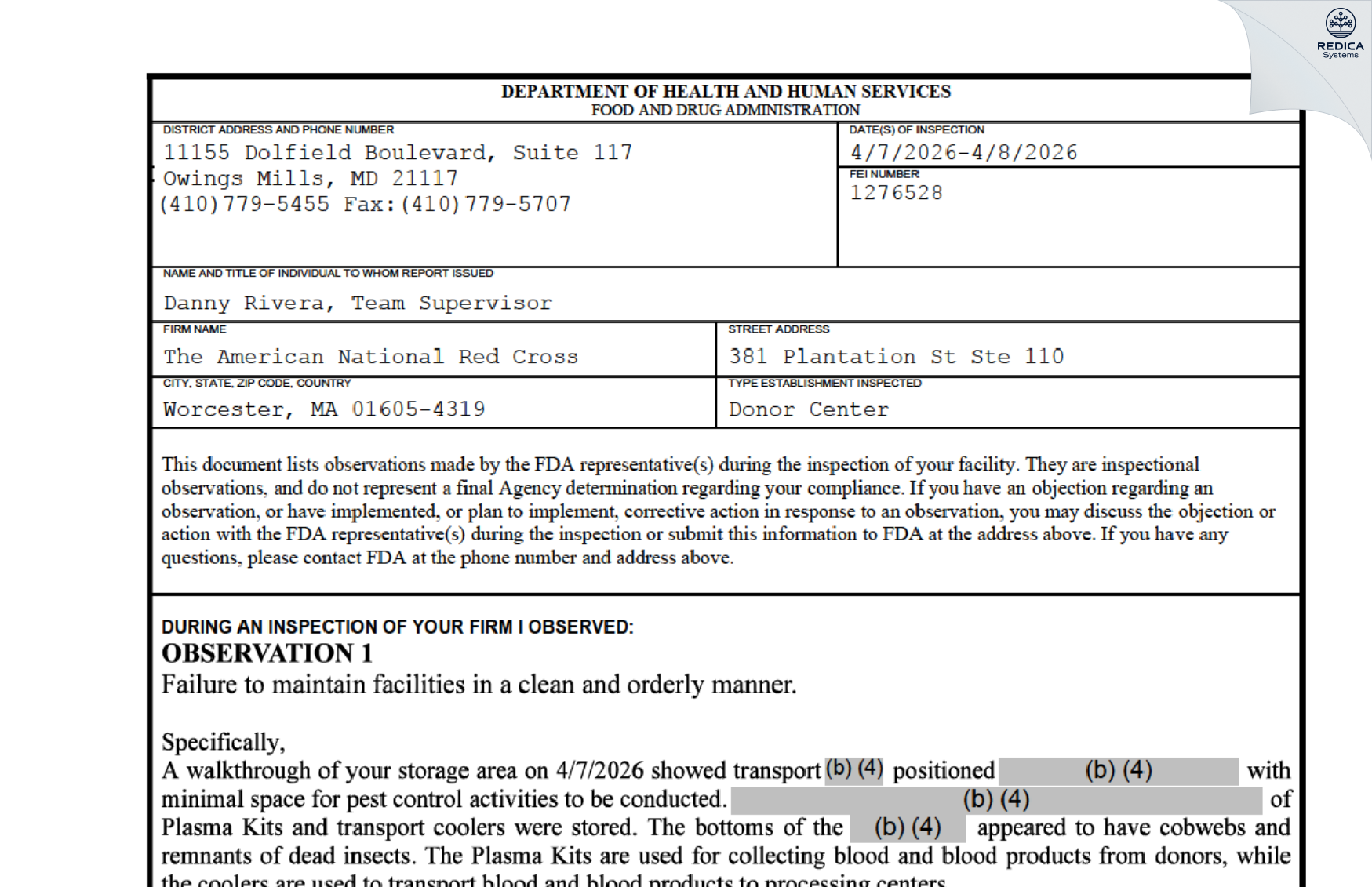 FDA 483 - The American National Red Cross [Worcester / United States of America] - Download PDF - Redica Systems