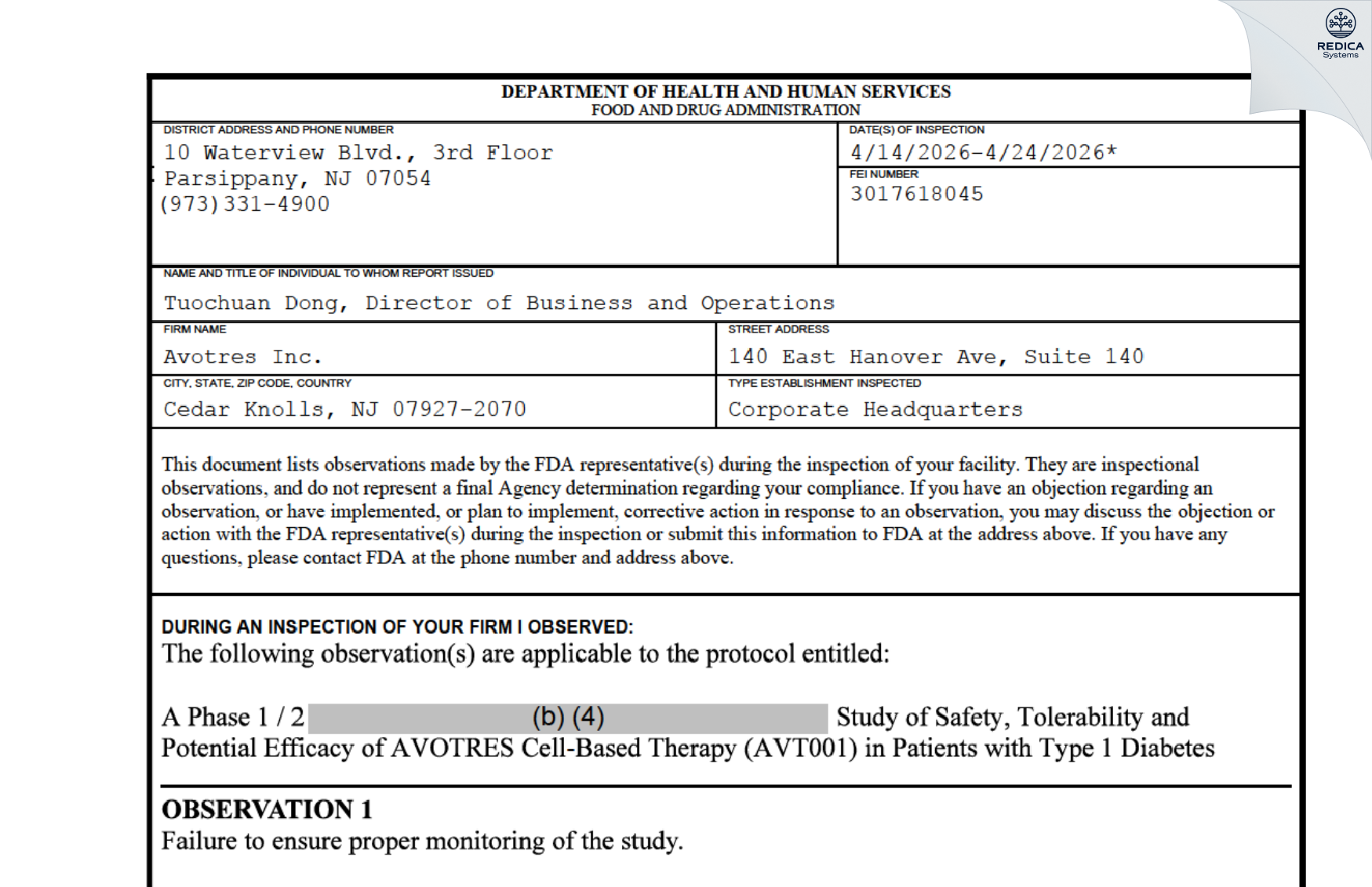 FDA 483 - Avotres Inc. [Cedar Knolls / United States of America] - Download PDF - Redica Systems