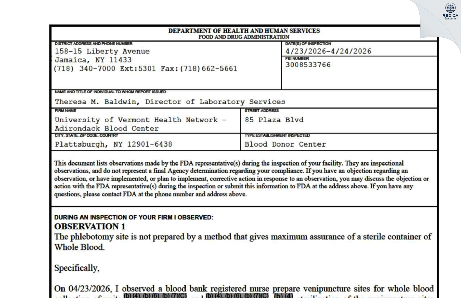 FDA 483 - University of Vermont Health Network [Plattsburgh / United States of America] - Download PDF - Redica Systems