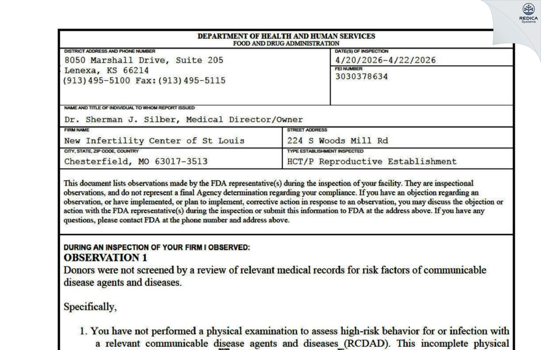 FDA 483 - New Infertility Center Of St Louis [Chesterfield / United States of America] - Download PDF - Redica Systems