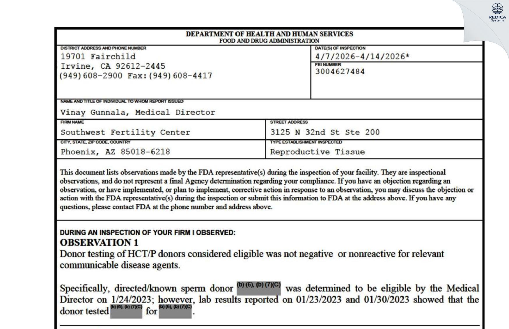 FDA 483 - Southwest Fertility Center [Phoenix / United States of America] - Download PDF - Redica Systems