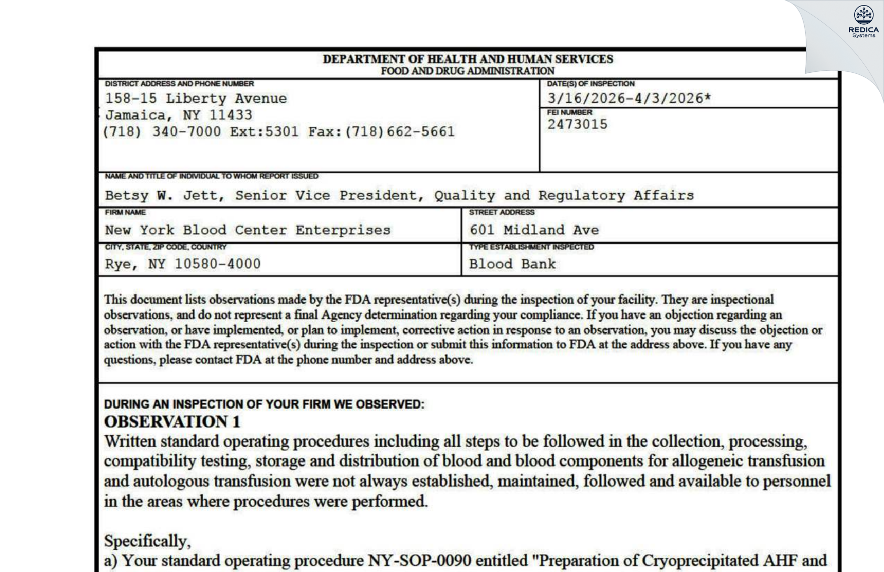 FDA 483 - New York Blood Center, Inc. [New York / United States of America] - Download PDF - Redica Systems