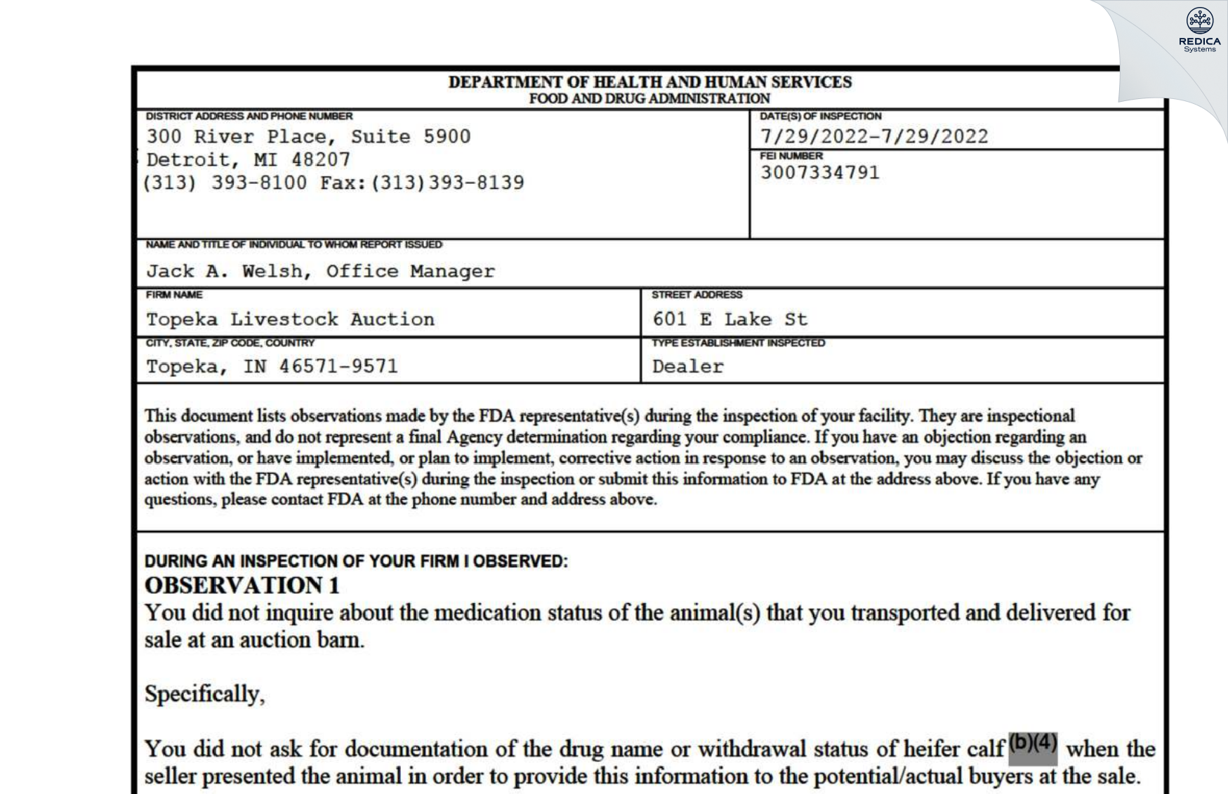 FDA 483 - Topeka Livestock Auction [Topeka / United States of America] - Download PDF - Redica Systems