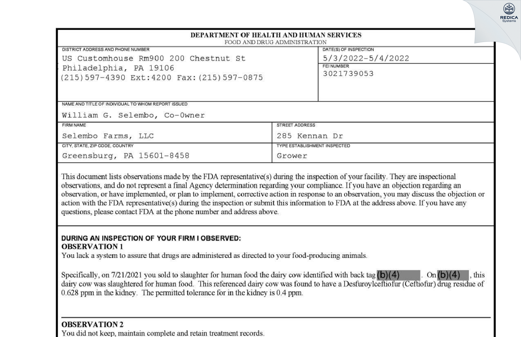 FDA 483 - Selembo Farms, LLC [Greensburg / United States of America] - Download PDF - Redica Systems