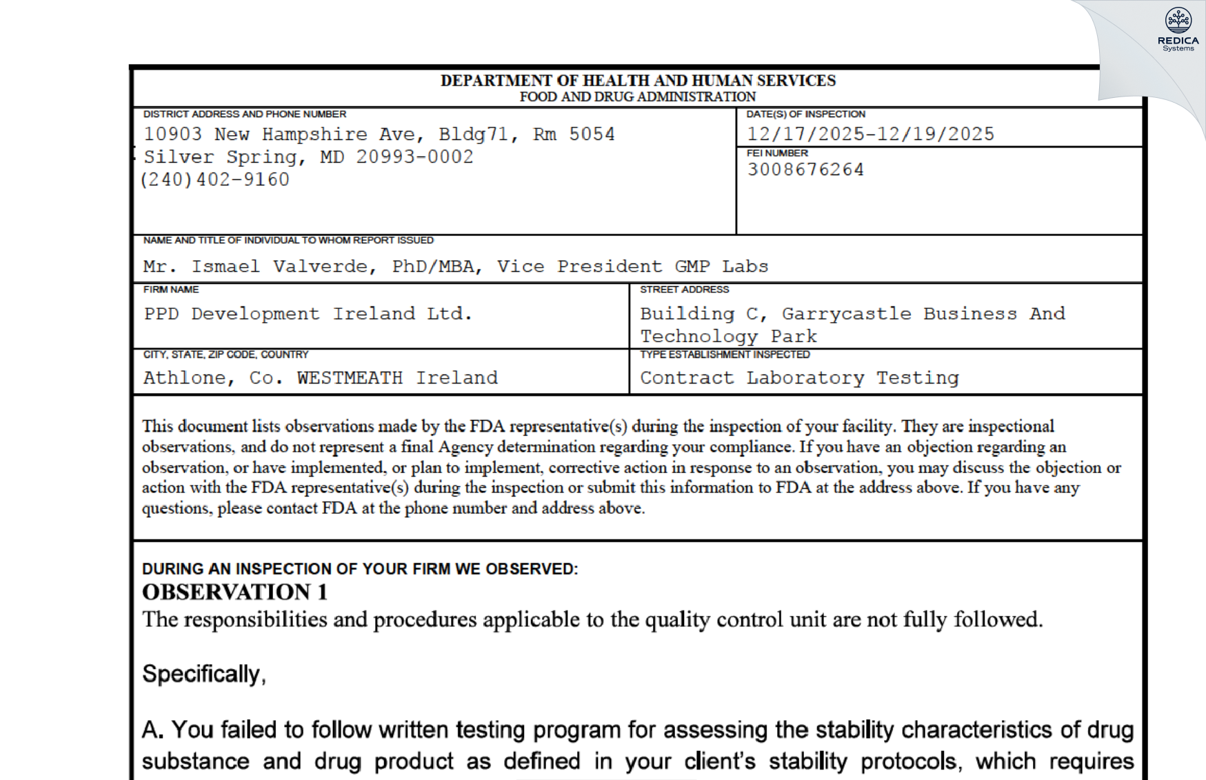FDA 483 - PPD DEVELOPMENT IRELAND LIMITED [Athlone / Ireland] - Download PDF - Redica Systems