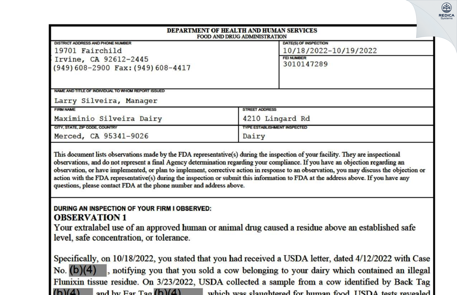 FDA 483 - Maximinio Silveira Dairy [Merced / United States of America] - Download PDF - Redica Systems