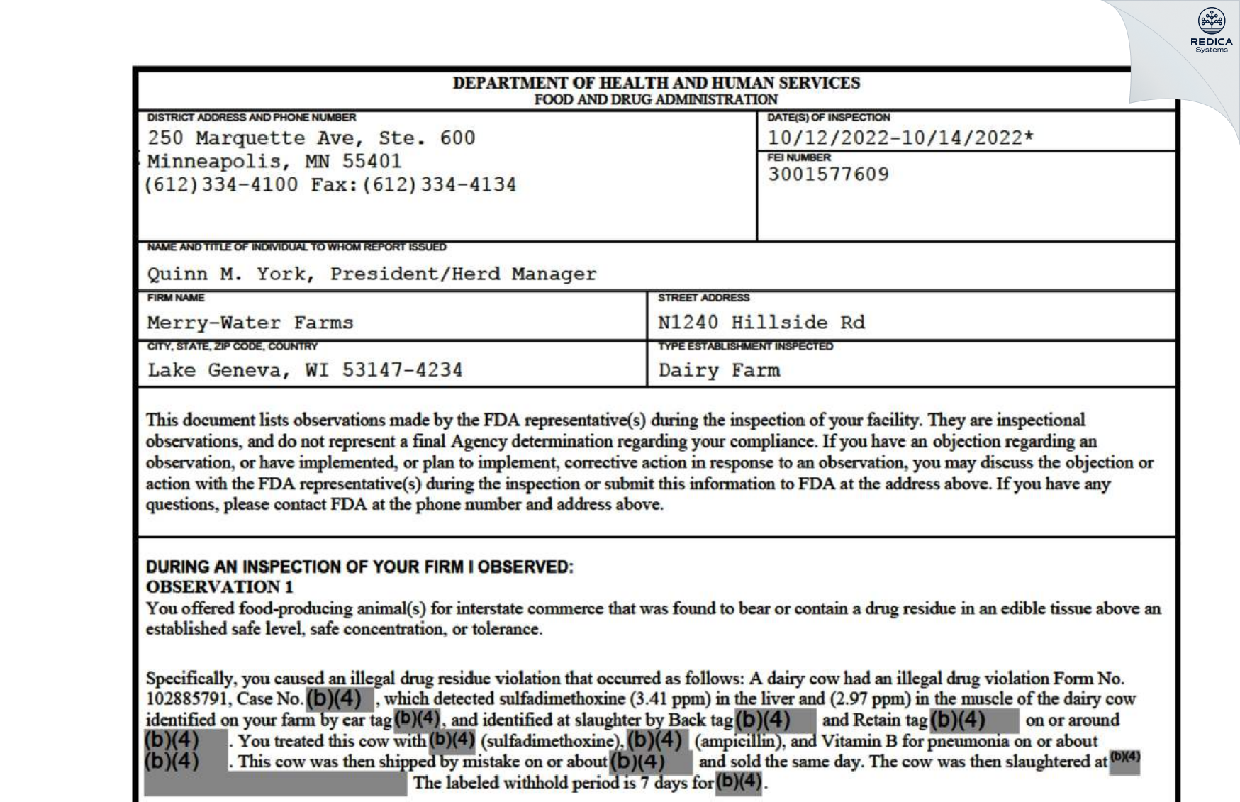 FDA 483 - Merry-Water Farms [Lake Geneva / United States of America] - Download PDF - Redica Systems