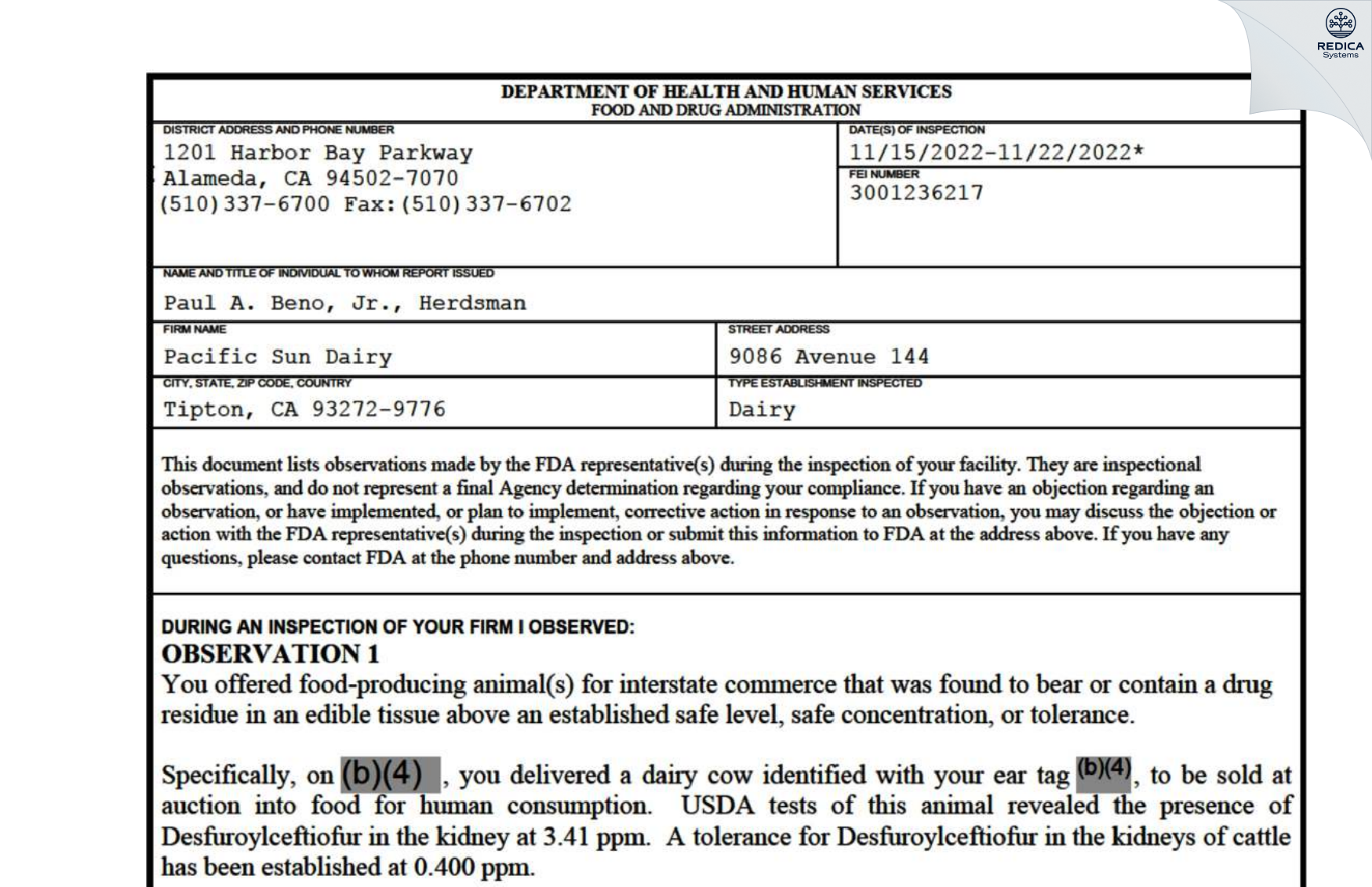 FDA 483 - Pacific Sun Dairy [Tipton / United States of America] - Download PDF - Redica Systems