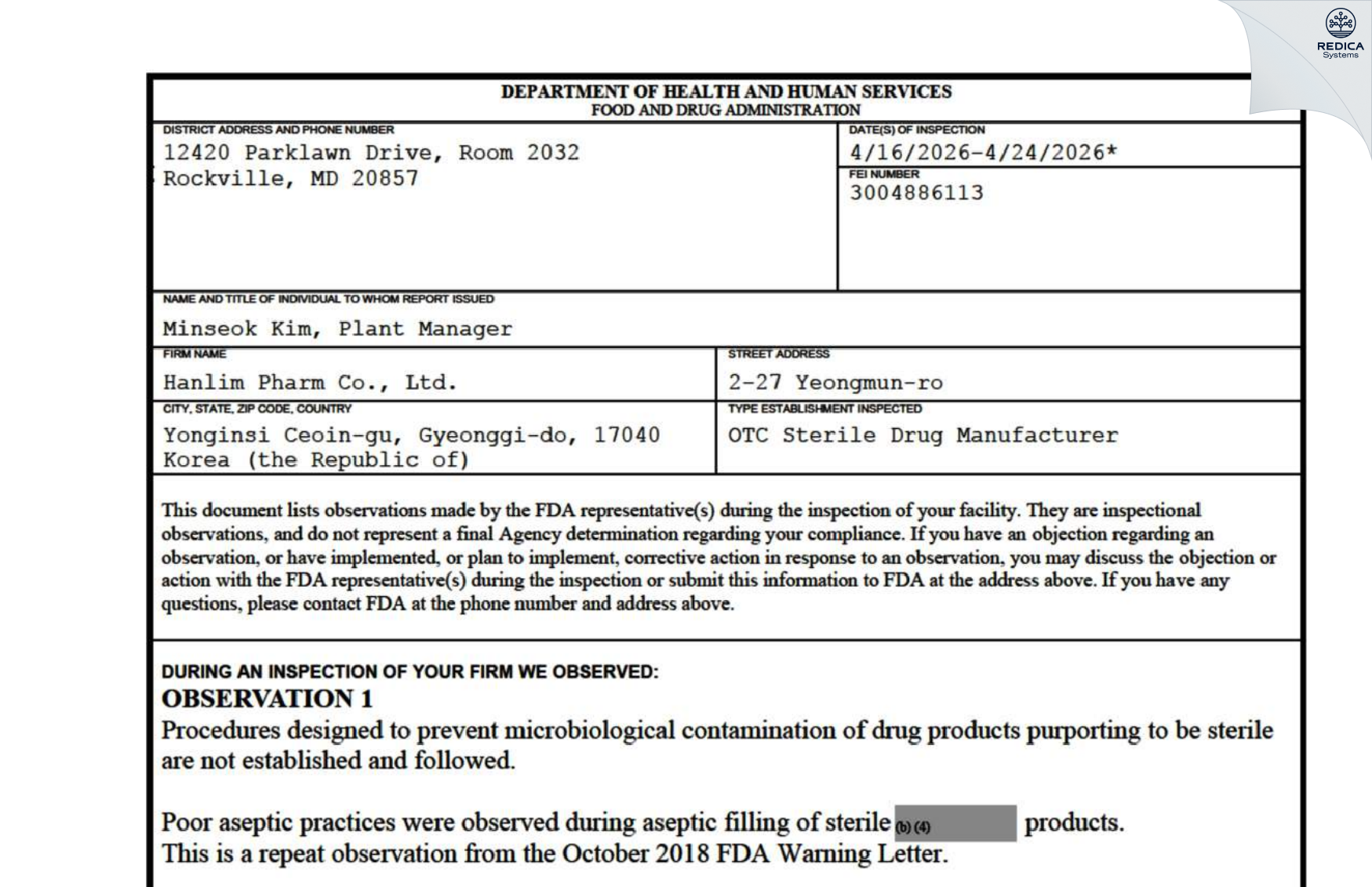 FDA 483 - Hanlim Pharm. Co., Ltd. [Cheoin-Gu / Korea (Republic of)] - Download PDF - Redica Systems