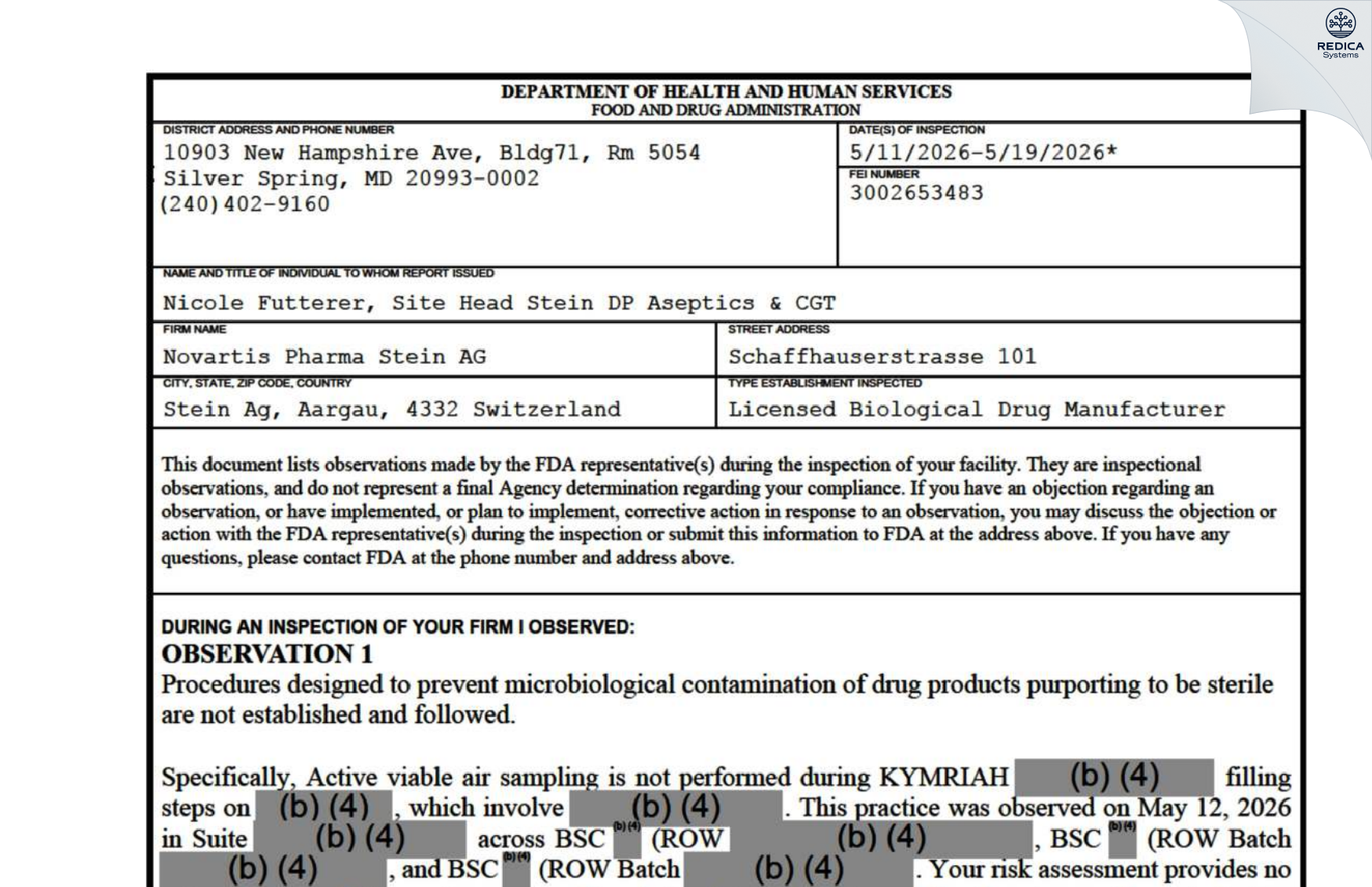 FDA 483 - Novartis Pharma Stein AG [Stein / Switzerland] - Download PDF - Redica Systems