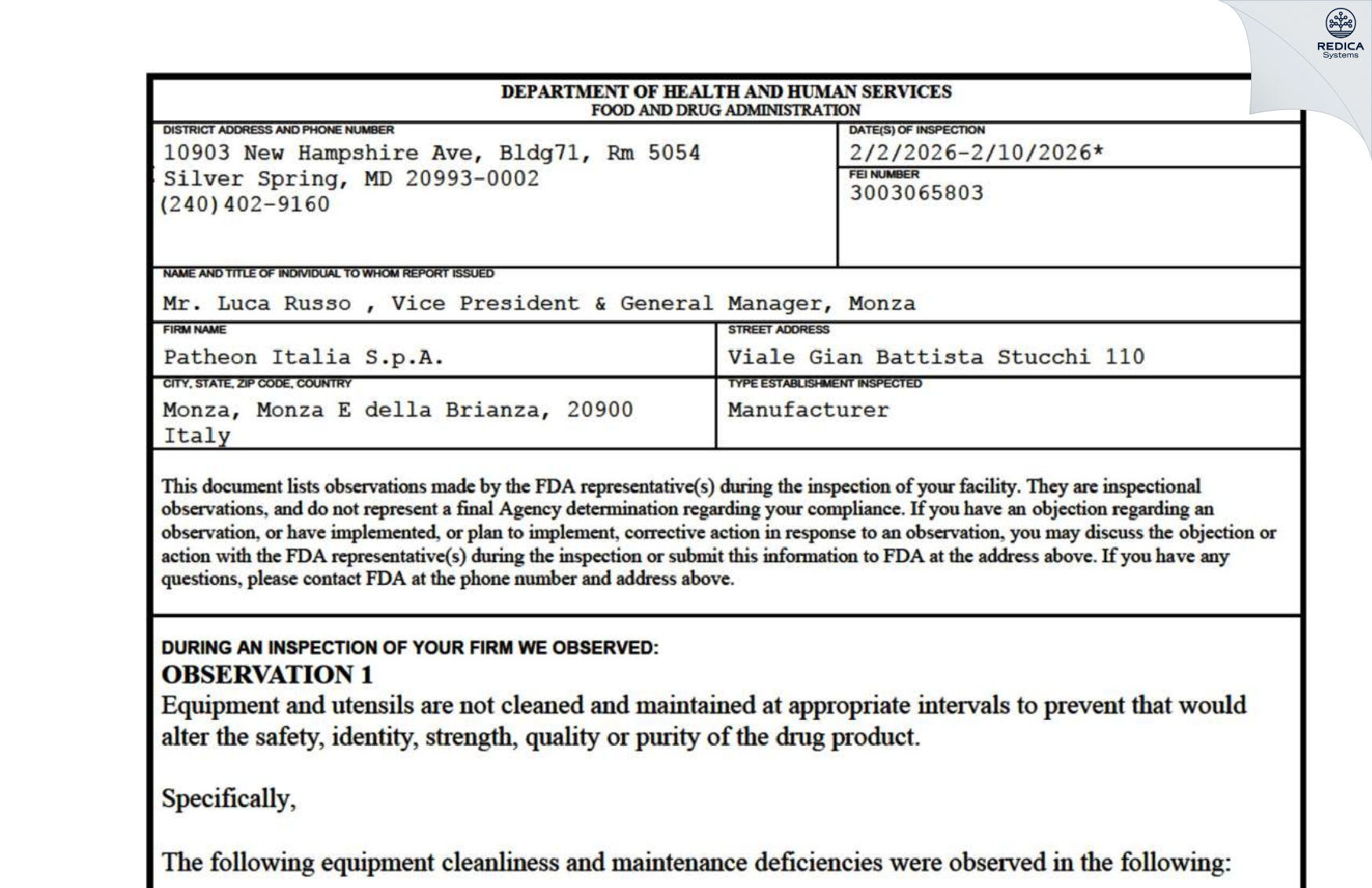 FDA 483 - Patheon Italia S.p.A [Monza / Italy] - Download PDF - Redica Systems