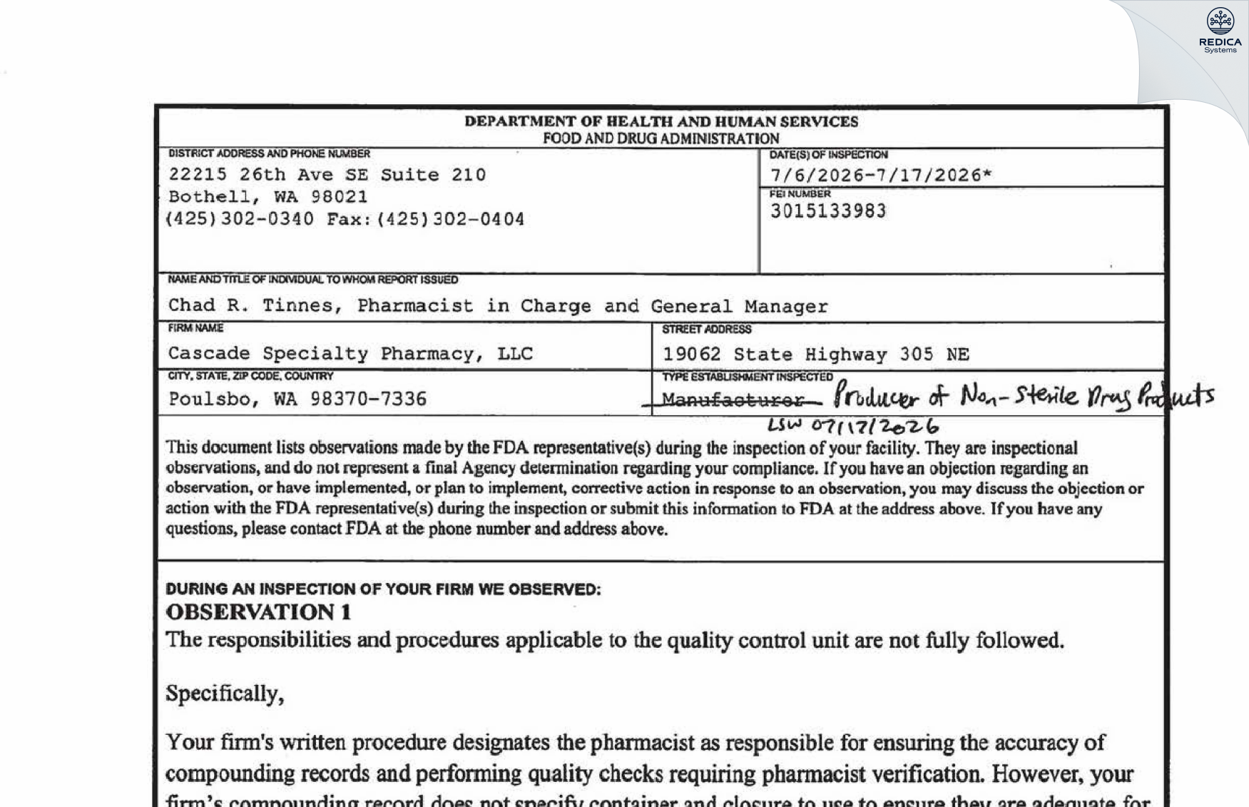 FDA 483 - Poulsbo Compounding Pharmacy LLC, dba Cascade Specialty Pharmacy [Poulsbo / United States of America] - Download PDF - Redica Systems