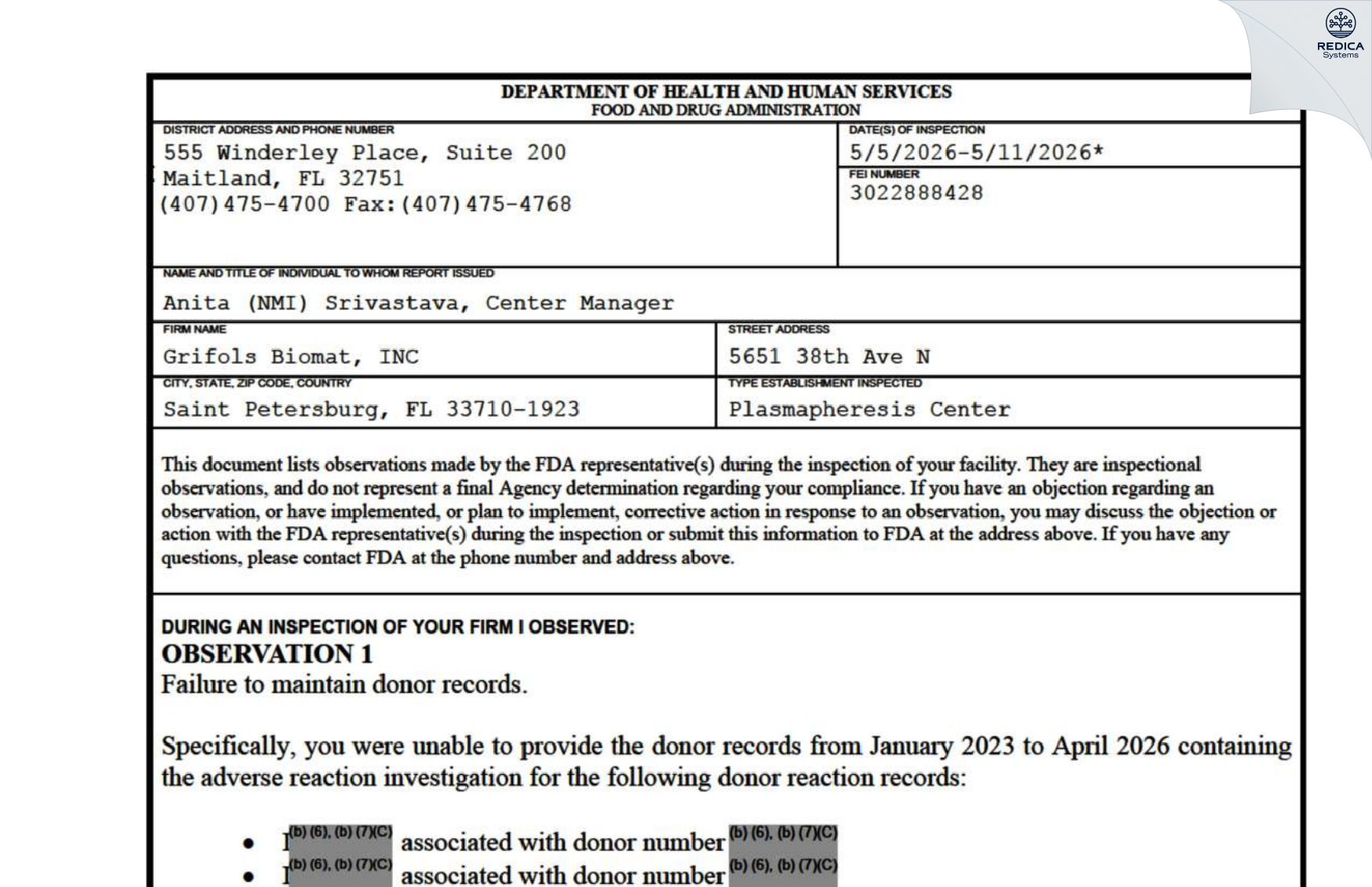 FDA 483 - BioTek America LLC [Saint Petersburg / United States of America] - Download PDF - Redica Systems