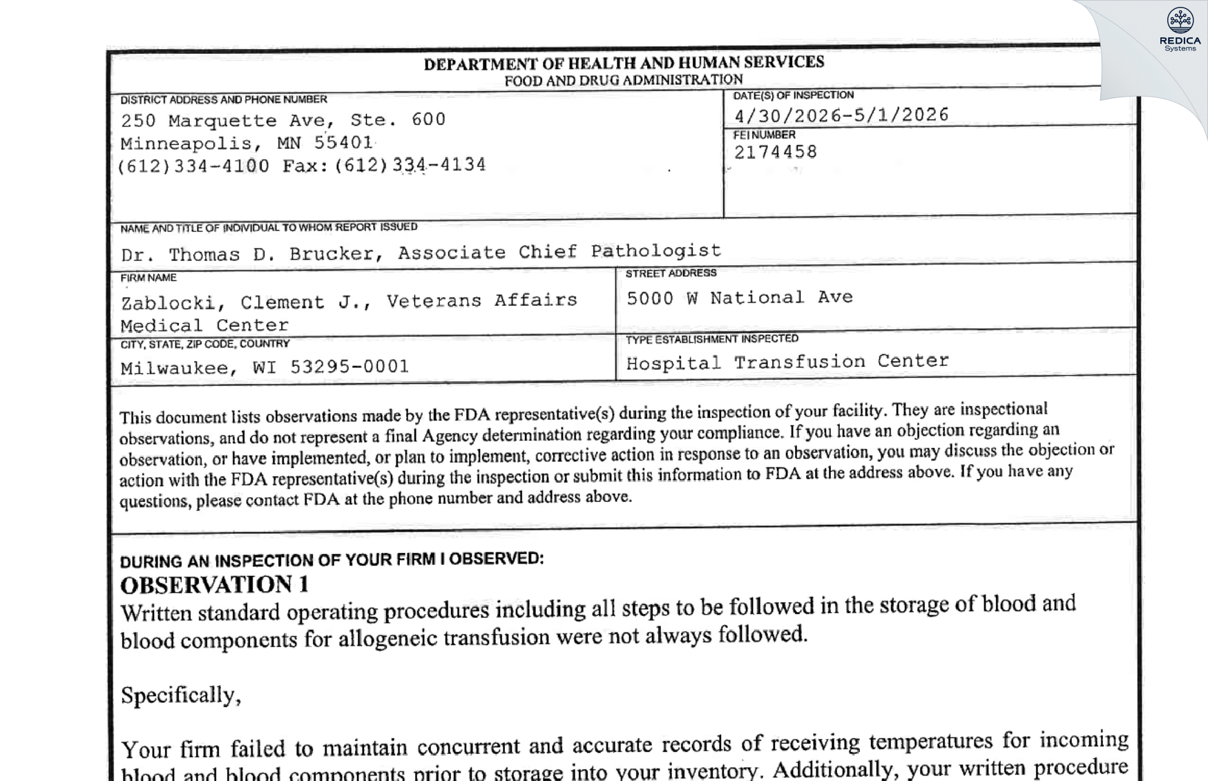 FDA 483 - Zablocki, Clement J., Veterans Affairs Medical Center [Milwaukee / United States of America] - Download PDF - Redica Systems