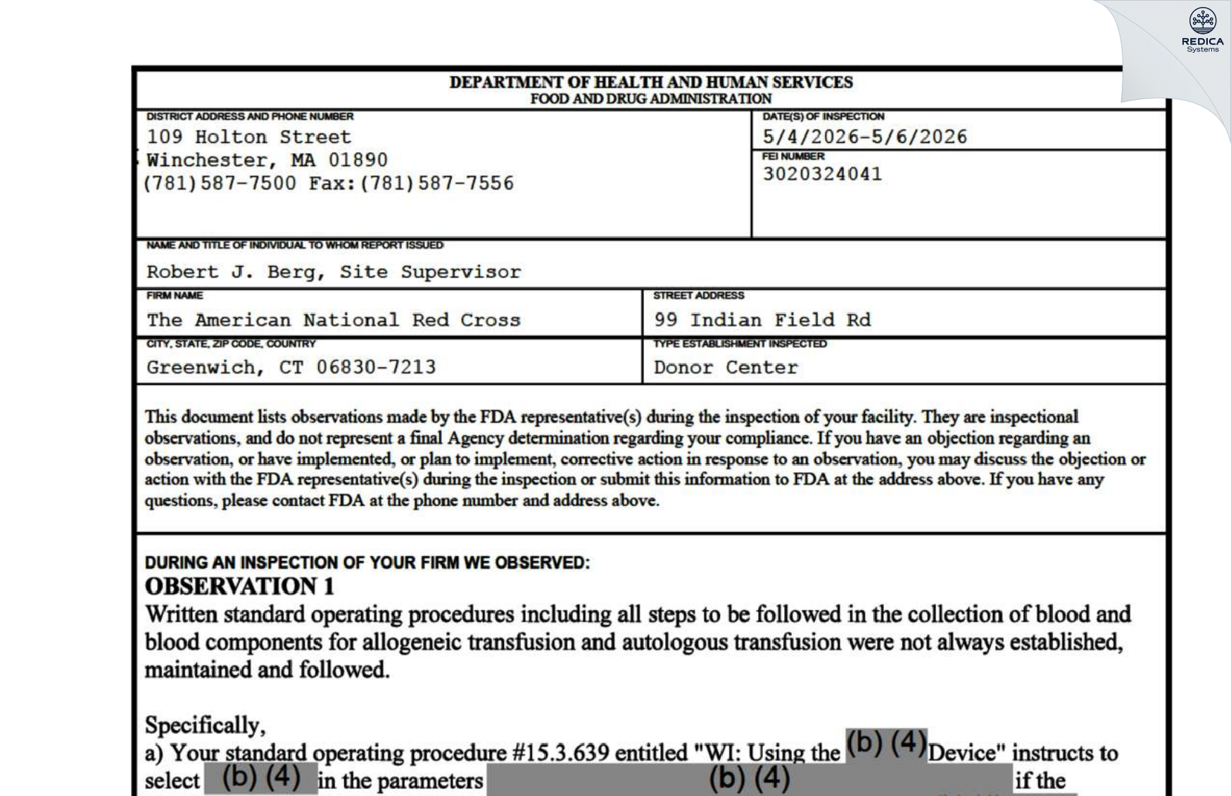 FDA 483 - American Red Cross Blood Services [Greenwich / United States of America] - Download PDF - Redica Systems