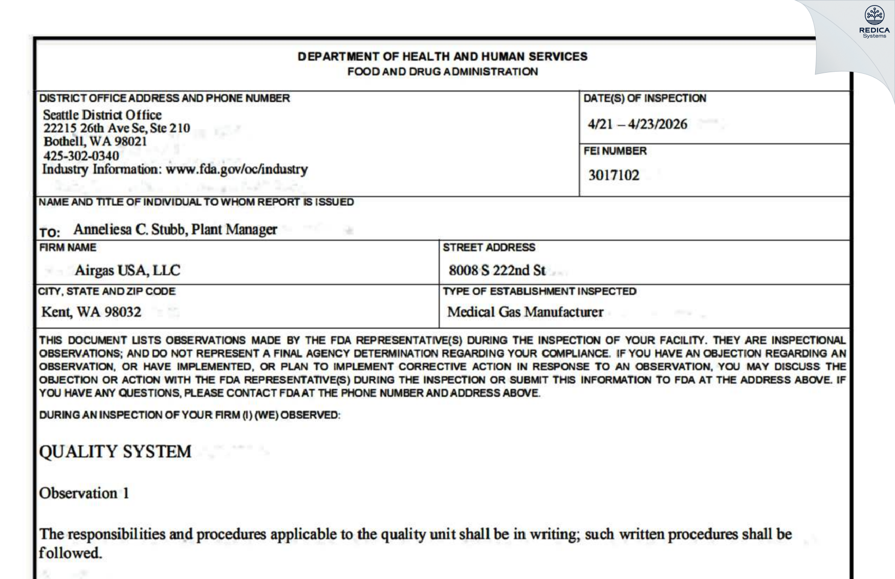 FDA 483 - AIRGAS USA, LLC [Kent / United States of America] - Download PDF - Redica Systems