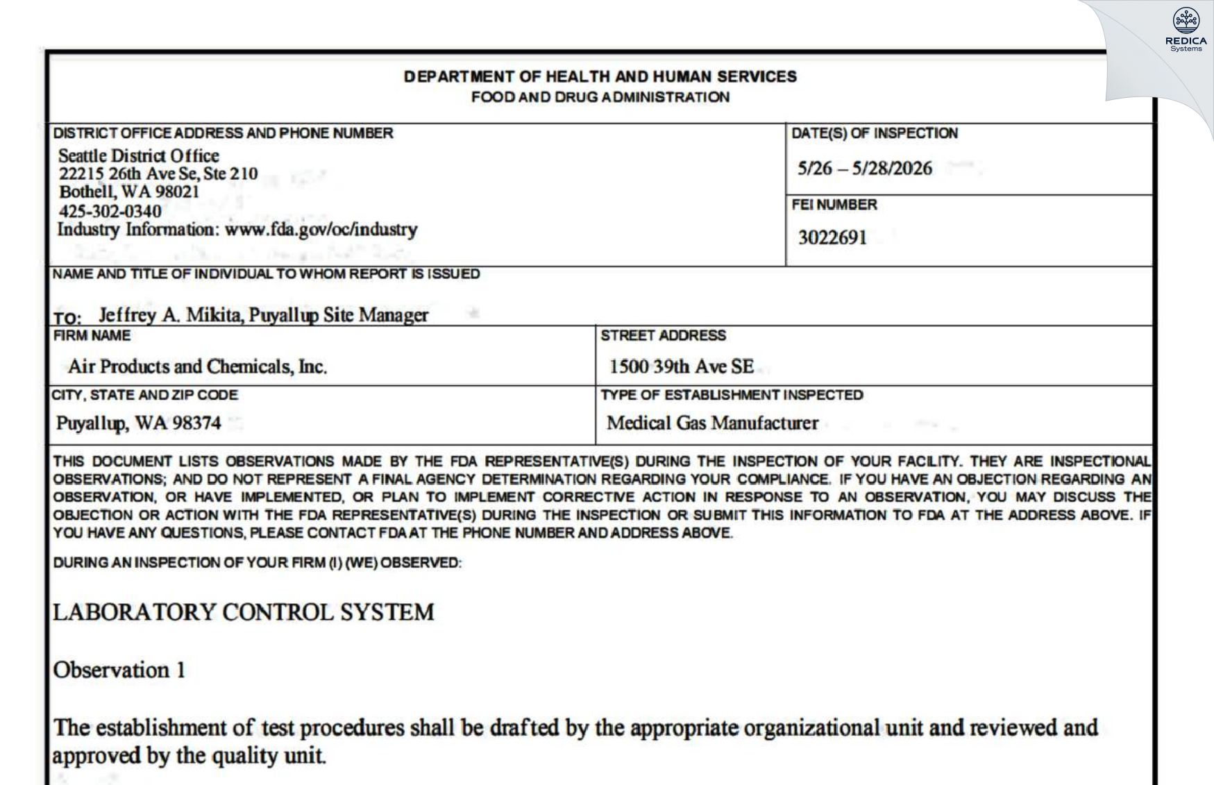 FDA 483 - Air Products and Chemicals, Inc. [Puyallup / United States of America] - Download PDF - Redica Systems