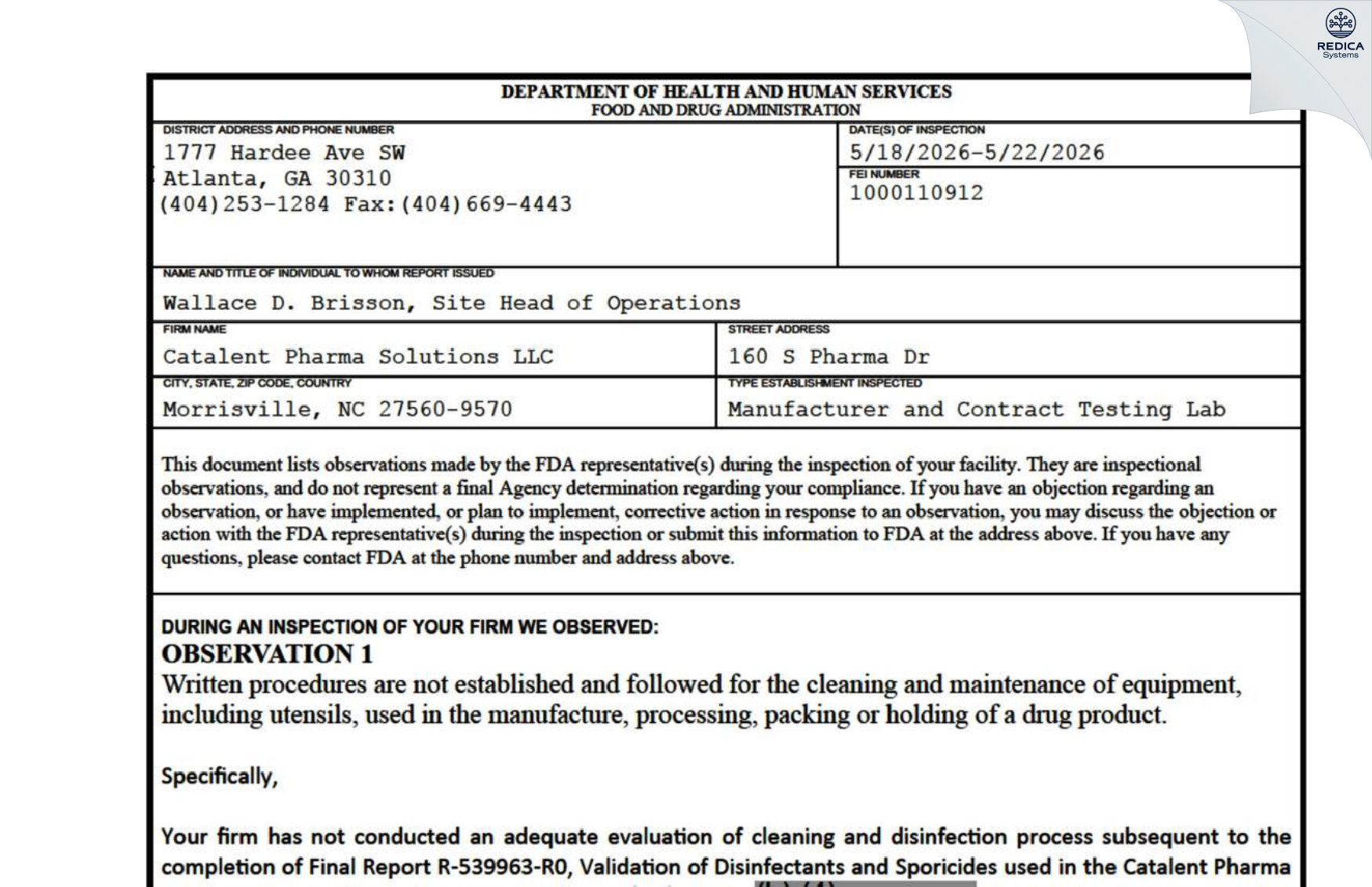 FDA 483 - Catalent Pharma Solutions, LLC [Morrisville / United States of America] - Download PDF - Redica Systems