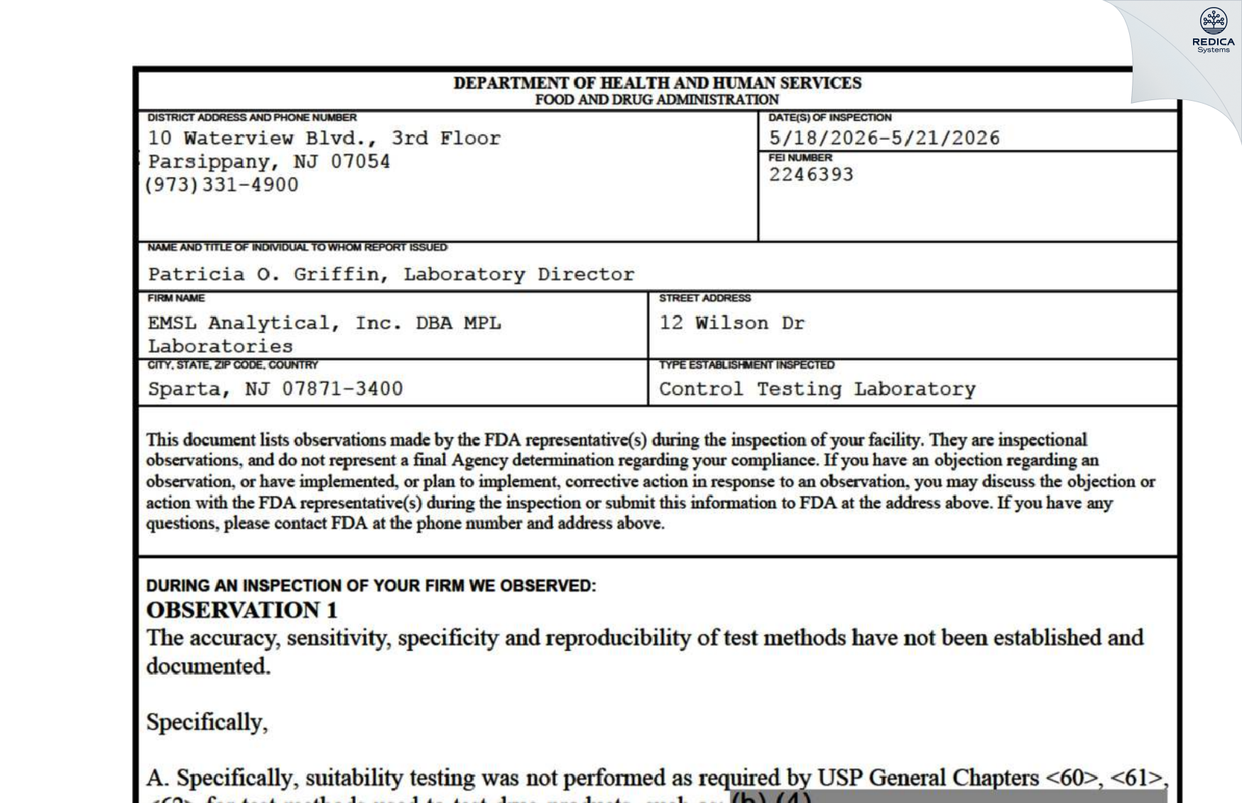 FDA 483 - EMSL Analytical, Inc. DBA MPL Laboratories [Sparta / United States of America] - Download PDF - Redica Systems