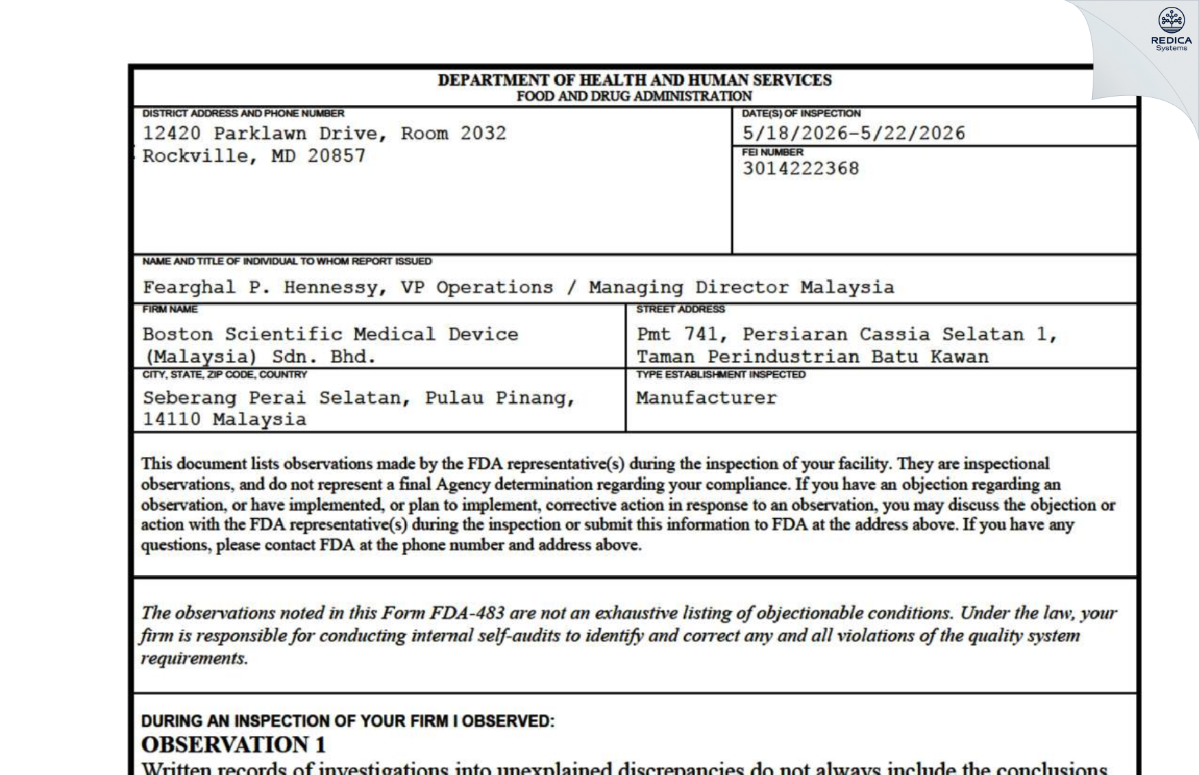 FDA 483 - Boston Scientific Medical Device (Malaysia) SDN BHD [Simpang Ampat / Malaysia] - Download PDF - Redica Systems
