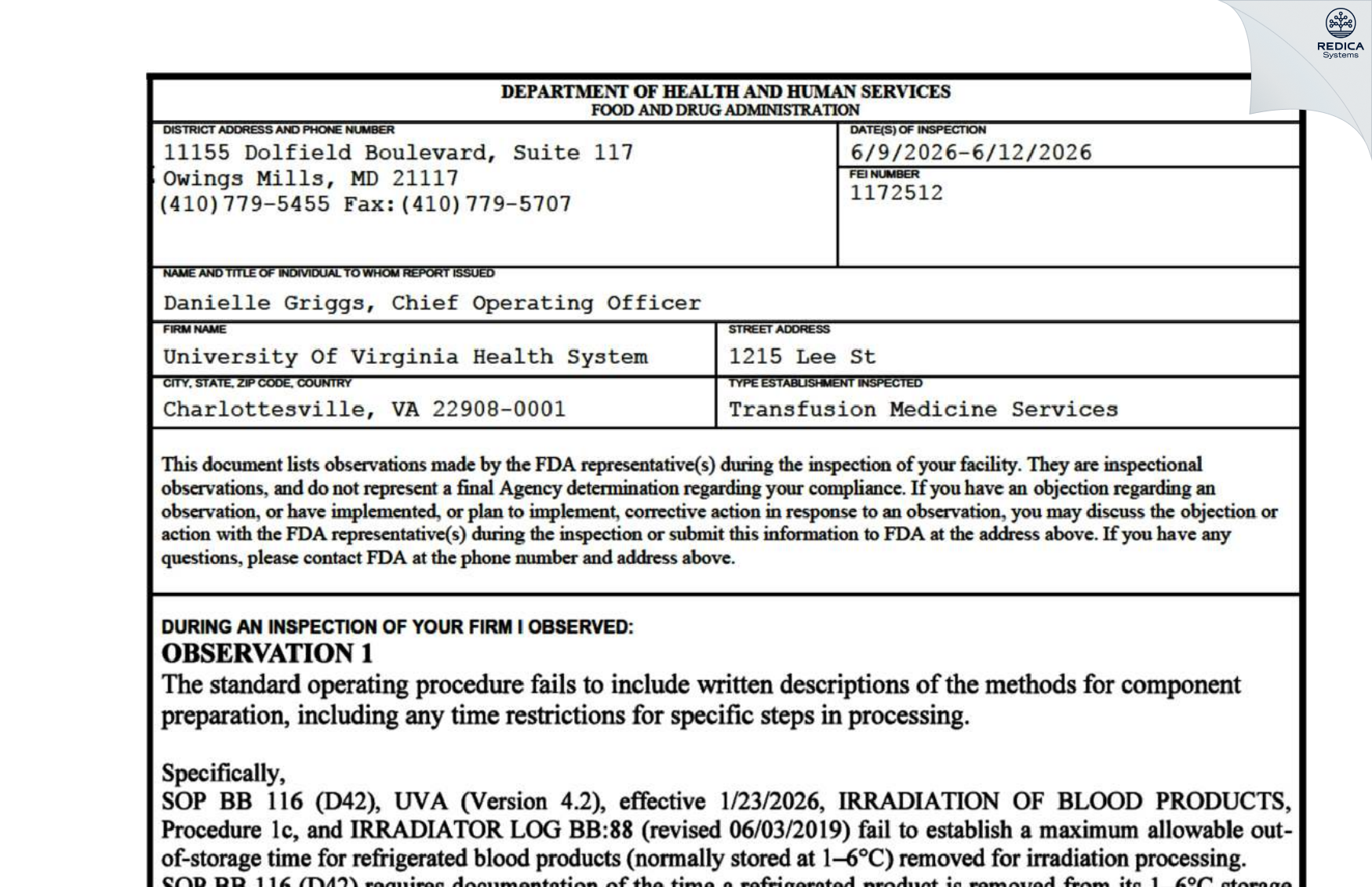 FDA 483 - University Of Virginia Health System [Charlottesville / United States of America] - Download PDF - Redica Systems
