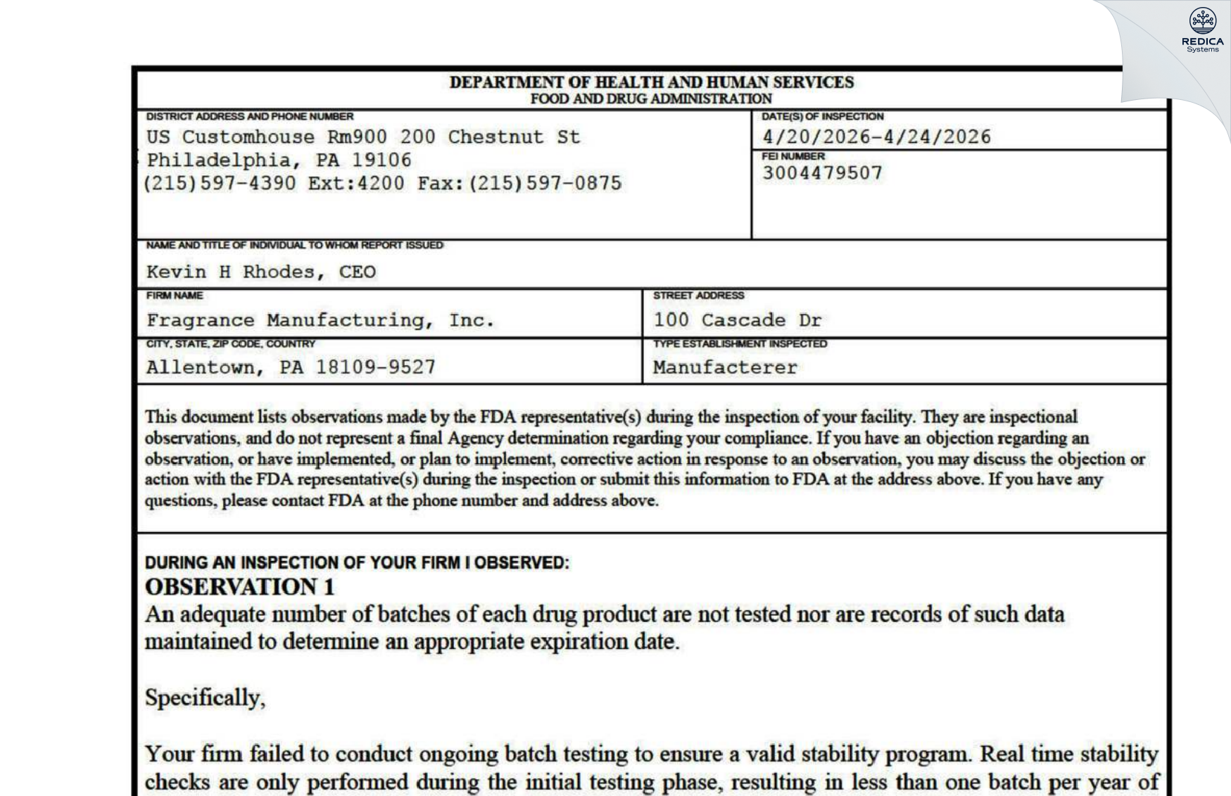 FDA 483 - Fragrance Manufacturing, Inc. [Allentown / United States of America] - Download PDF - Redica Systems