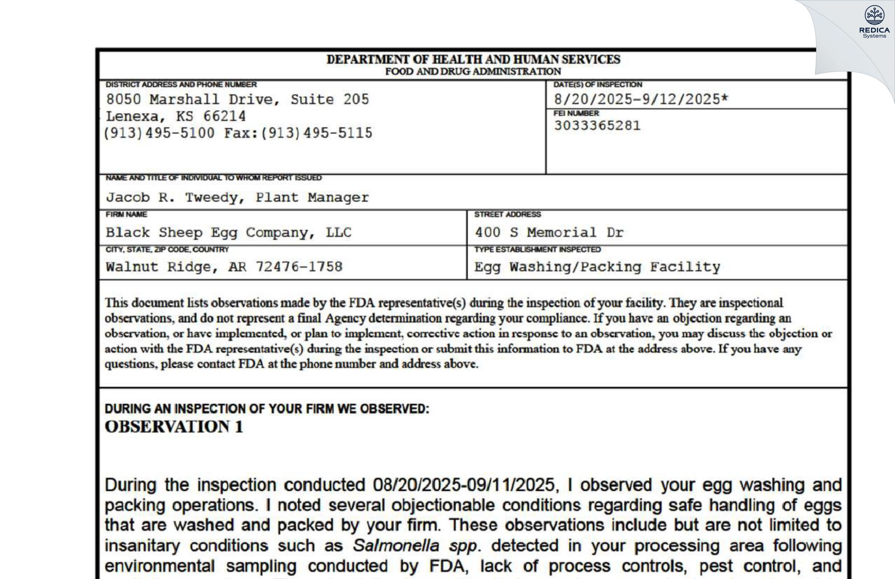 FDA 483 - Black Sheep Egg Company, LLC [Walnut Ridge / United States of America] - Download PDF - Redica Systems