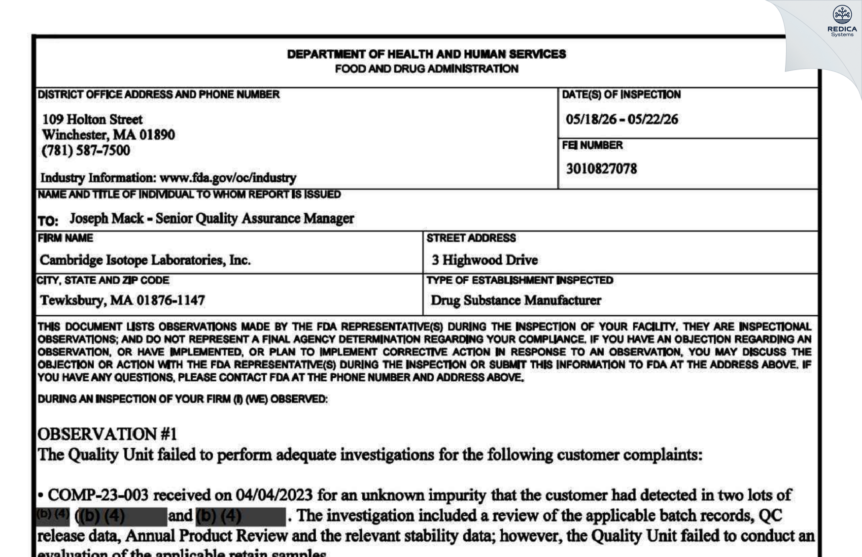 FDA 483 - Cambridge Isotope Laboratories, Inc. [Tewksbury / United States of America] - Download PDF - Redica Systems