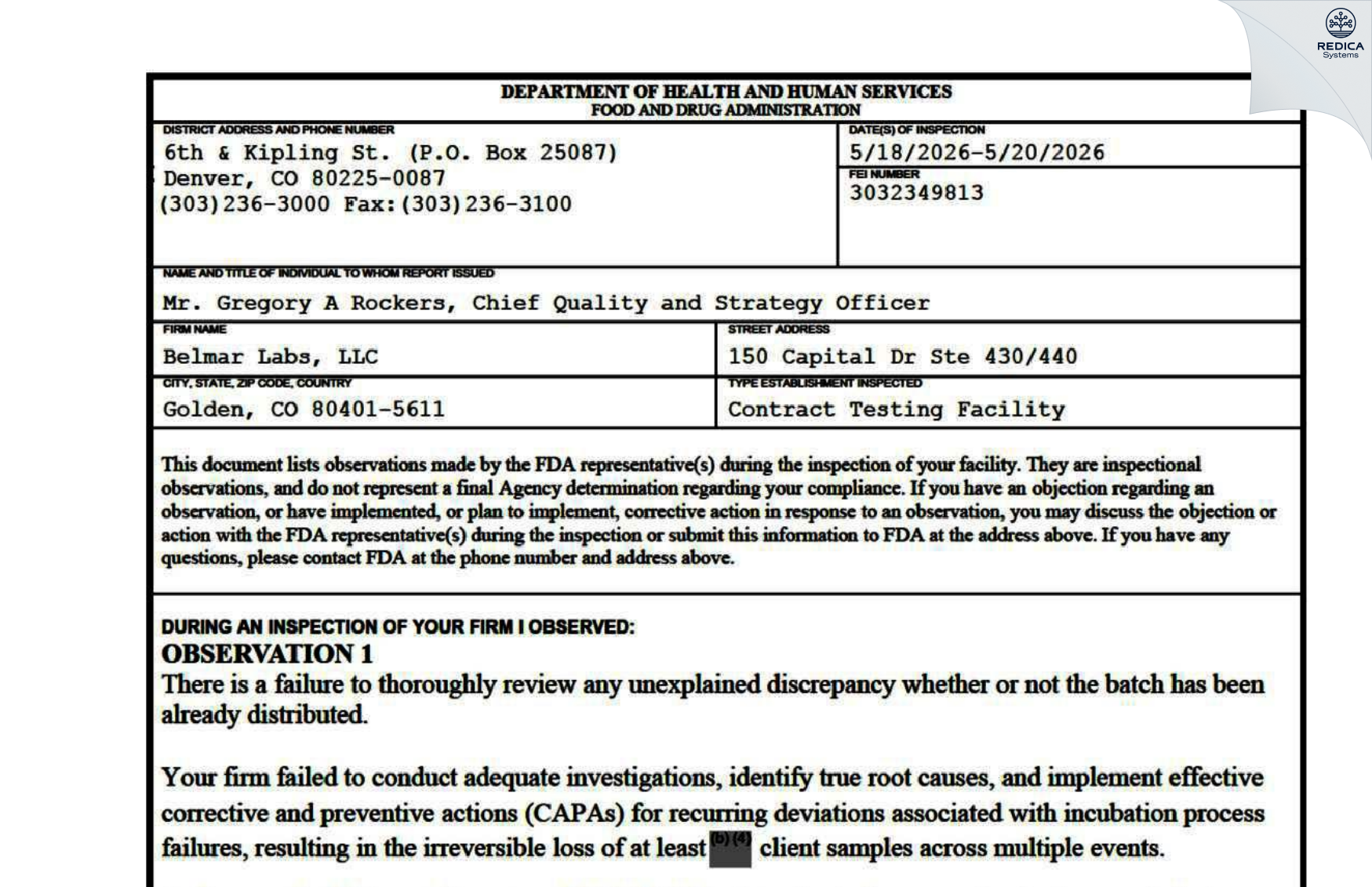 FDA 483 - Belmar Labs, LLC [Golden / United States of America] - Download PDF - Redica Systems