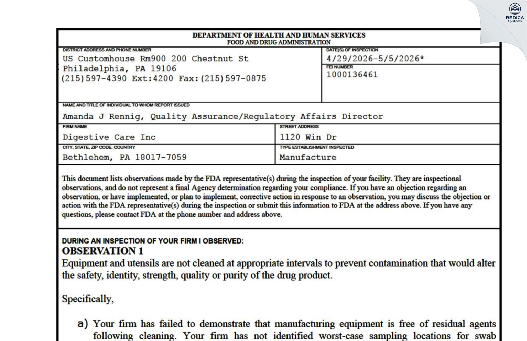 FDA 483 - Digestive Care, Inc. [Bethlehem / United States of America] - Download PDF - Redica Systems