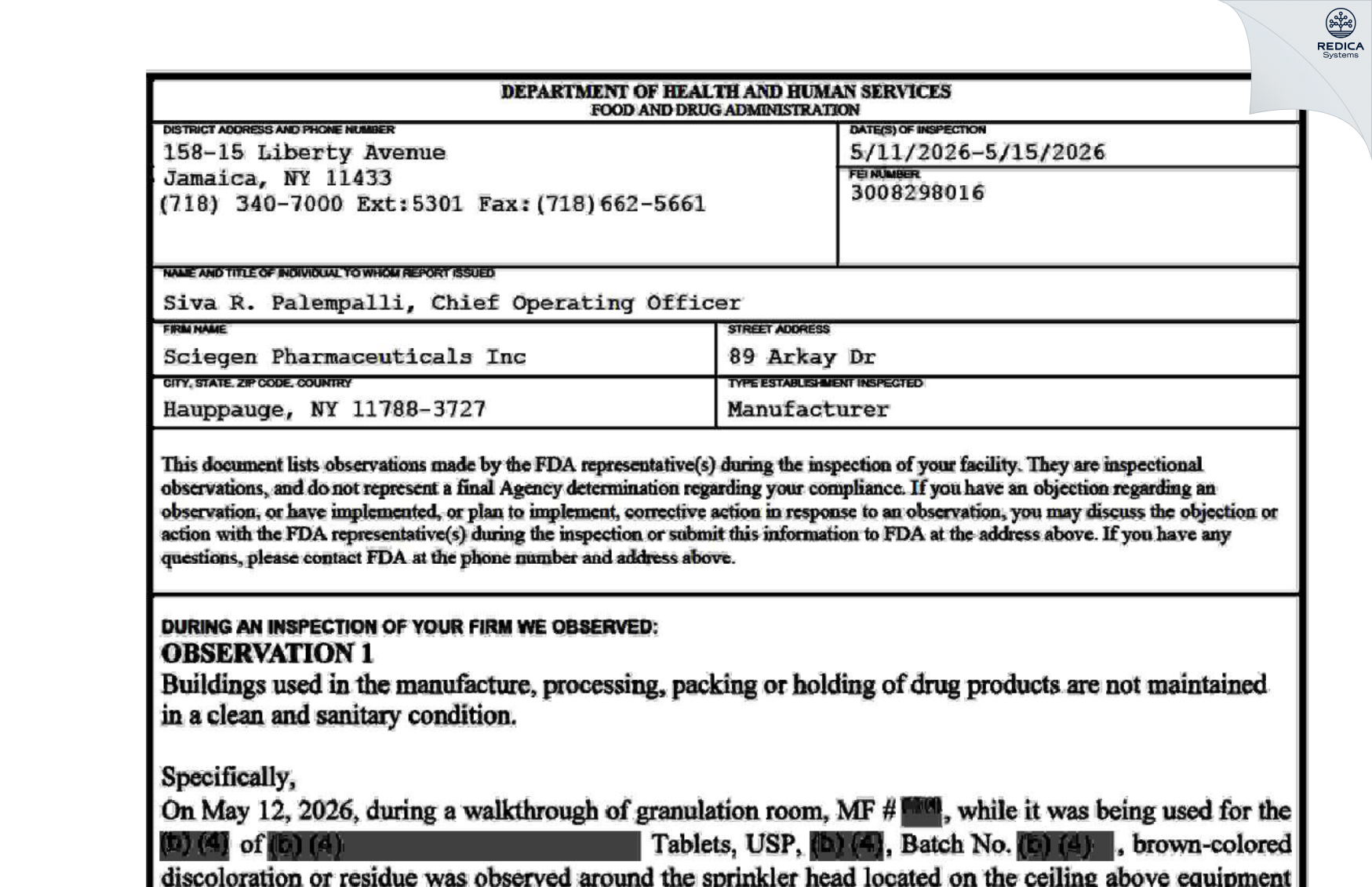 FDA 483 - ScieGen Pharmaceuticals INC [Hauppauge / United States of America] - Download PDF - Redica Systems