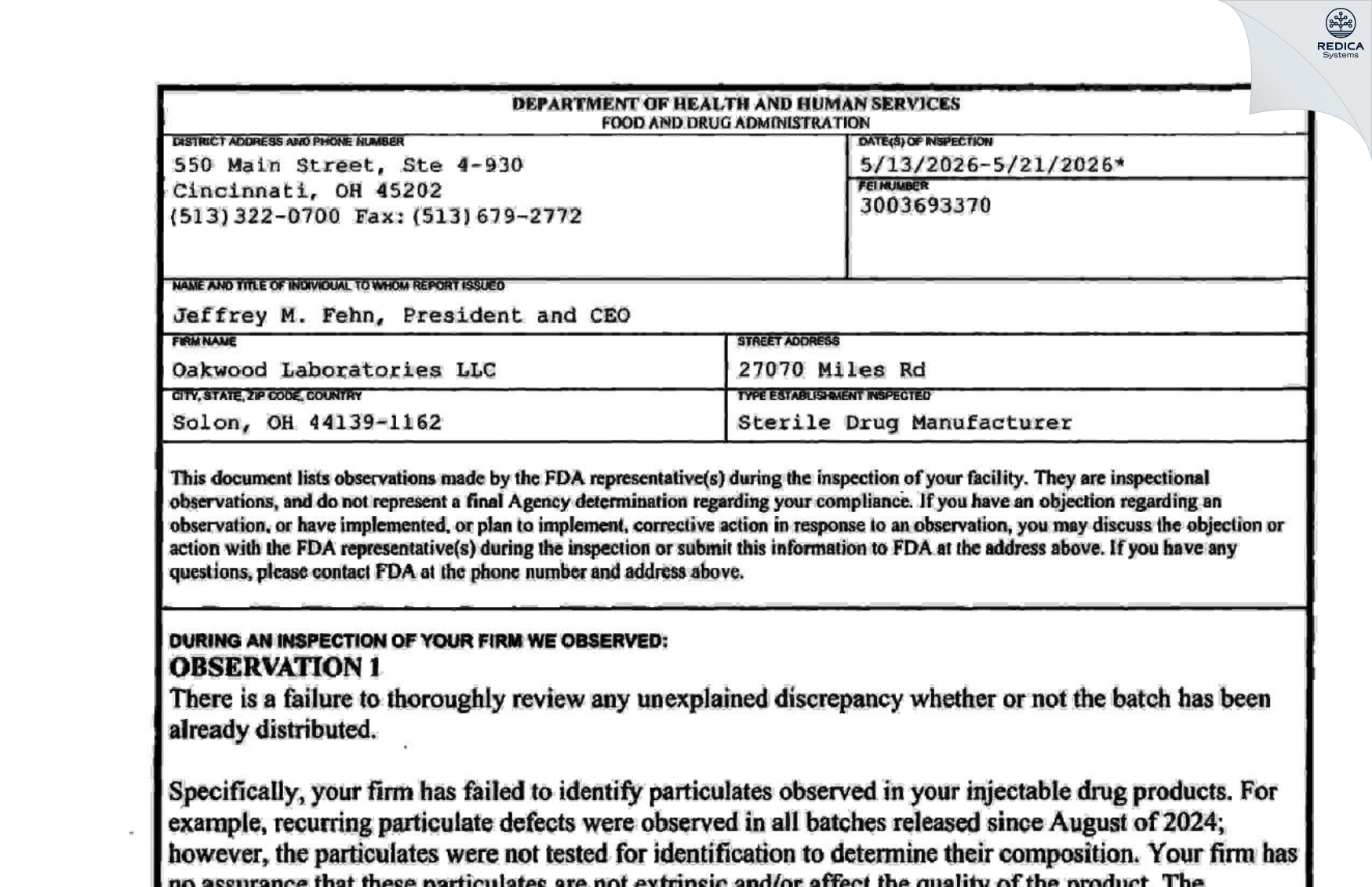 FDA 483 - OAKWOOD LABORATORIES, L.L.C. [Solon / United States of America] - Download PDF - Redica Systems