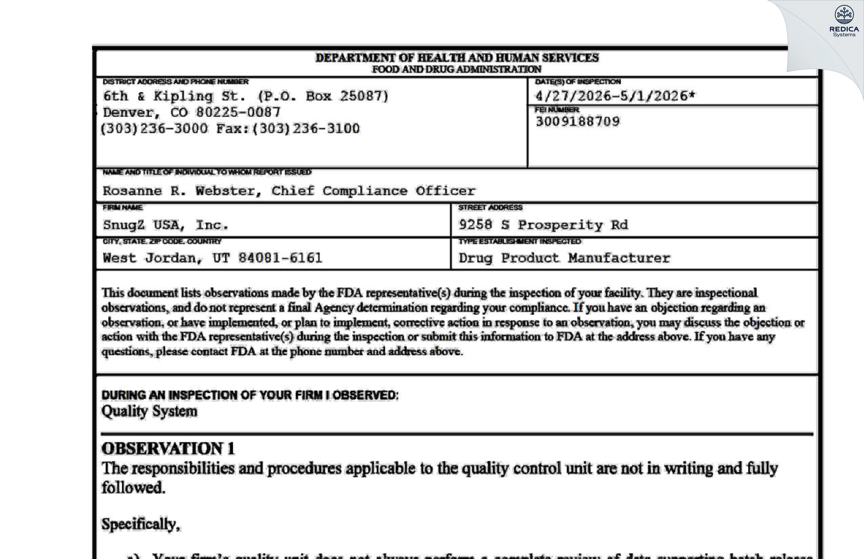 FDA 483 - SnugZ/USA, LLC [West Jordan / United States of America] - Download PDF - Redica Systems