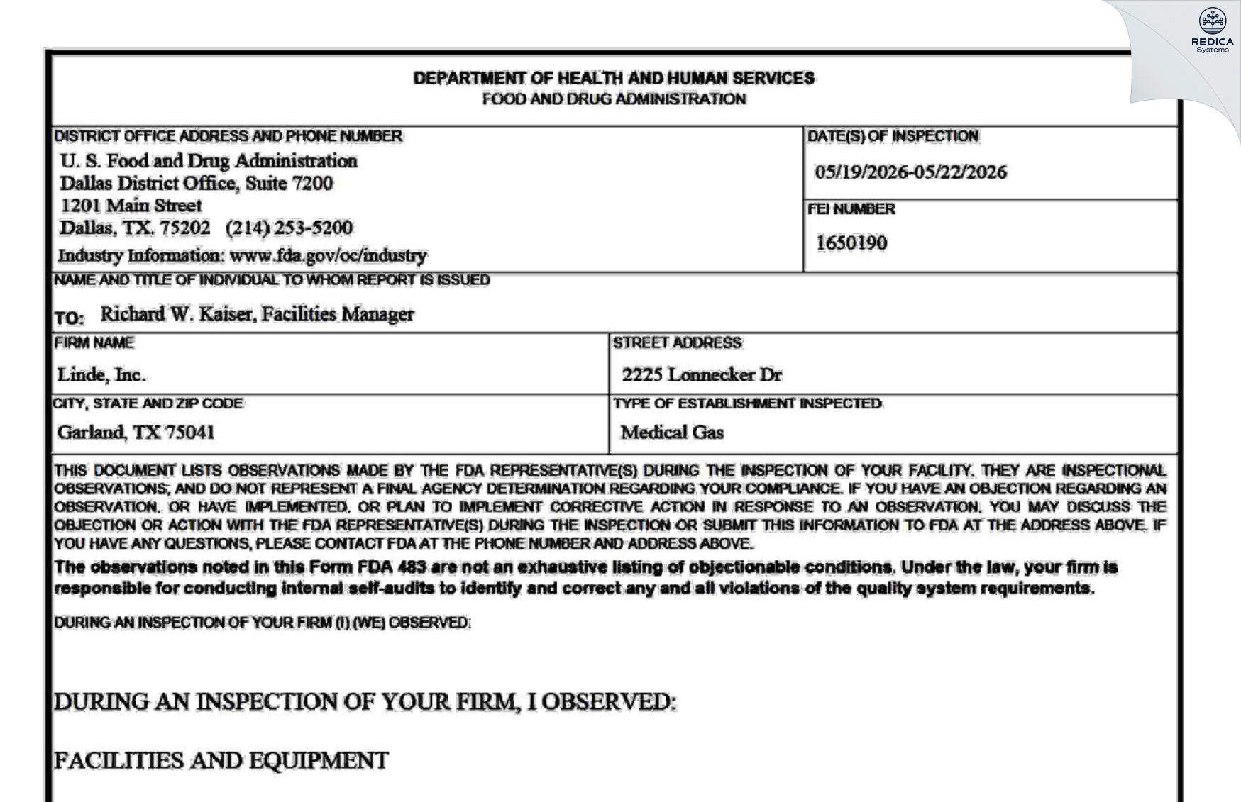 FDA 483 - Linde Inc. [Garland / United States of America] - Download PDF - Redica Systems
