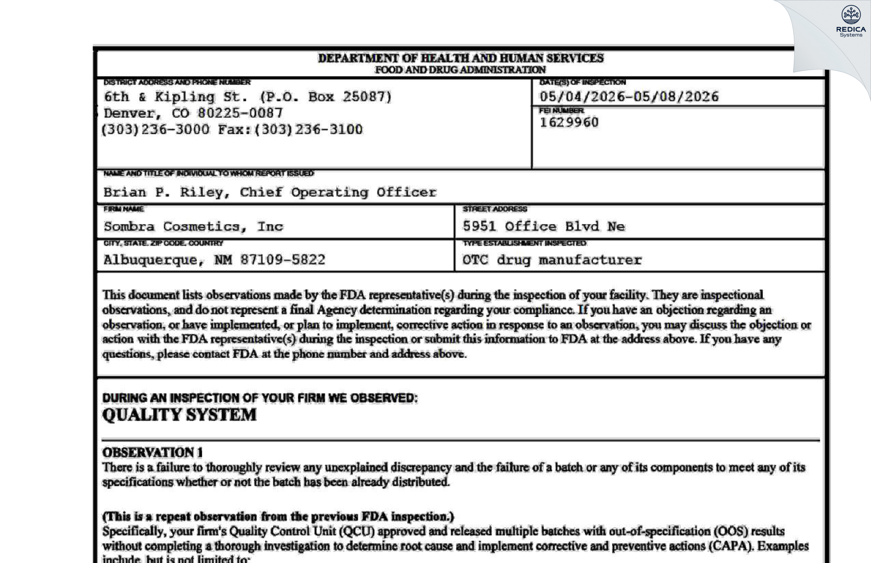 FDA 483 - SOMBRA COSMETICS INC. [Albuquerque / United States of America] - Download PDF - Redica Systems