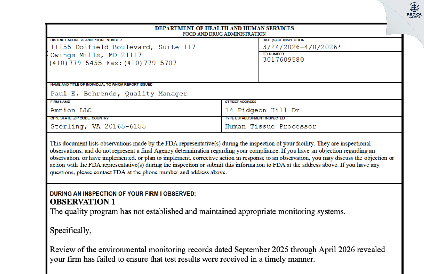 FDA 483 - Amnion LLC

 [Sterling / United States of America] - Download PDF - Redica Systems