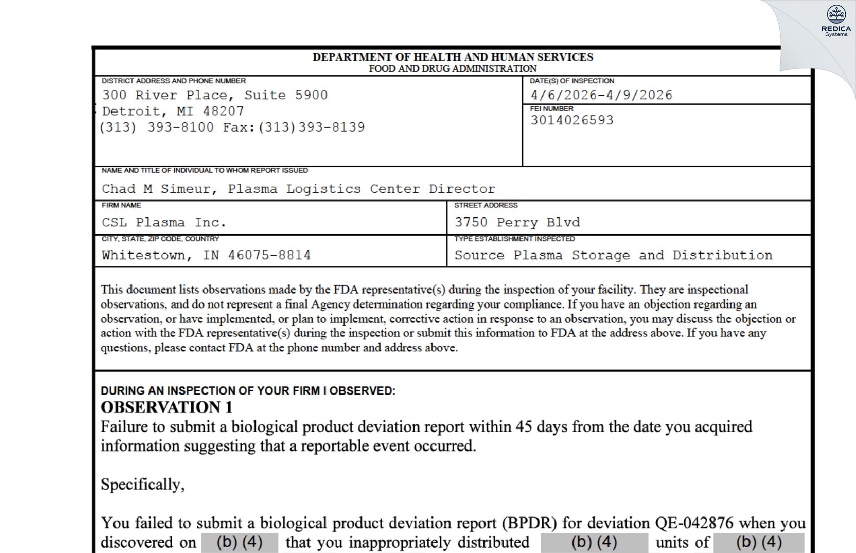 FDA 483 - CSL Plasma Inc [Whitestown / United States of America] - Download PDF - Redica Systems