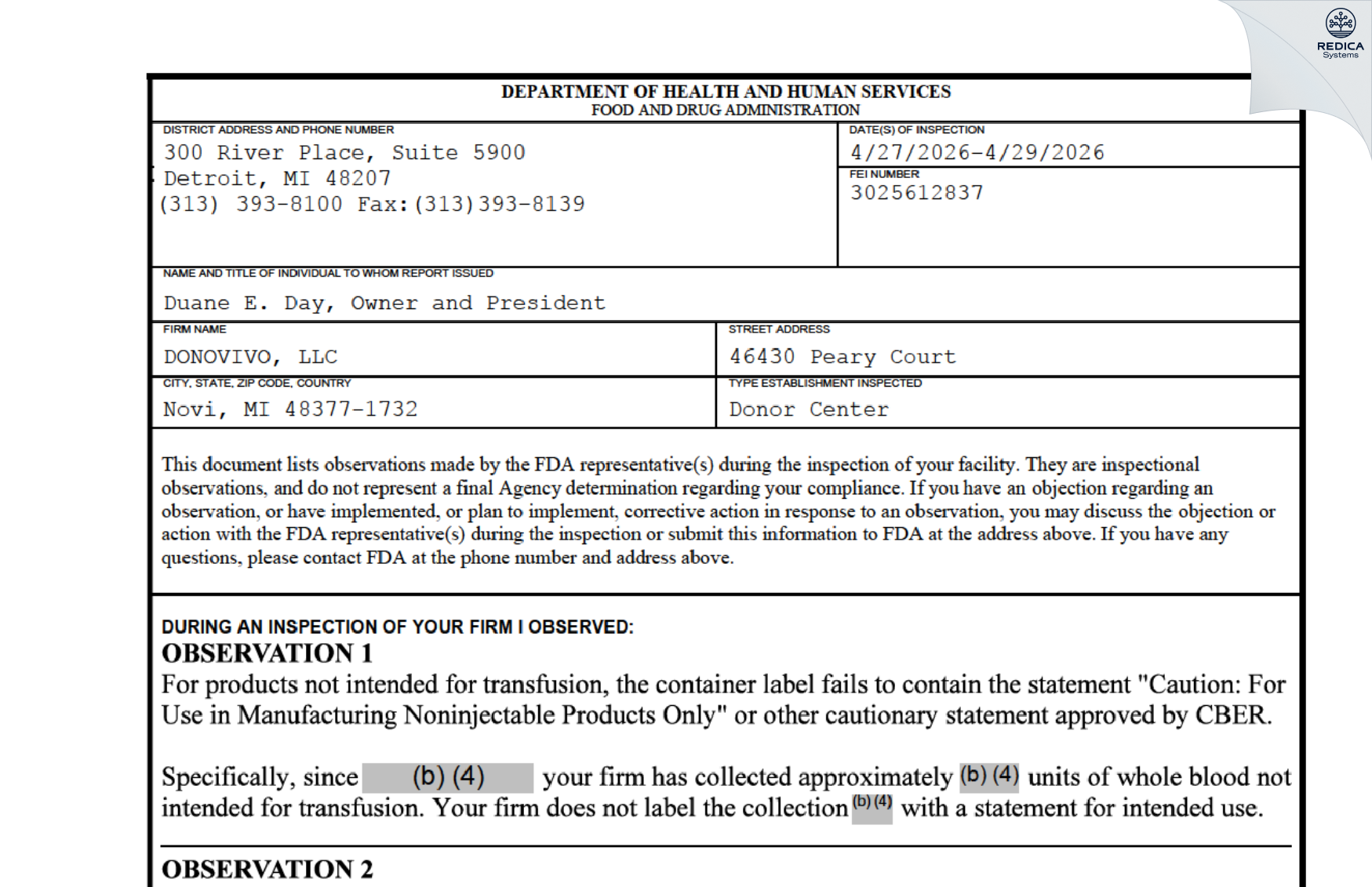 FDA 483 - DONOVIVO, LLC [Novi / United States of America] - Download PDF - Redica Systems