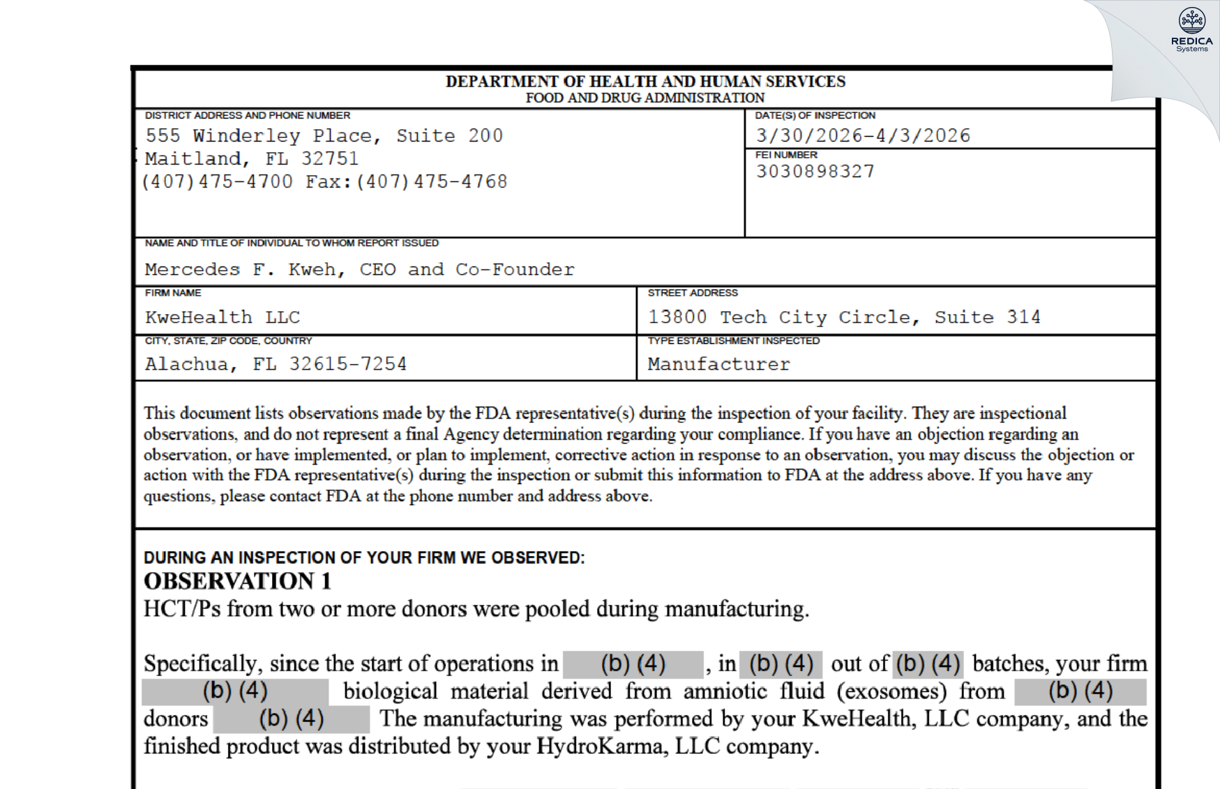 FDA 483 - KweHealth LLC [Alachua / United States of America] - Download PDF - Redica Systems