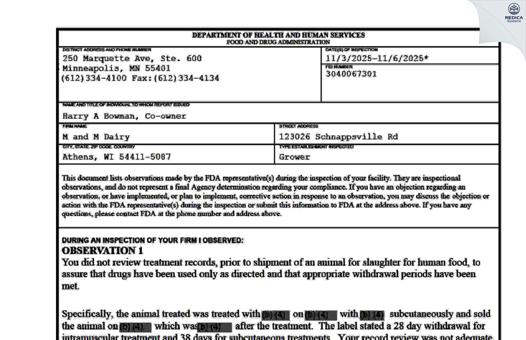 FDA 483 - M and M Dairy [Athens / United States of America] - Download PDF - Redica Systems