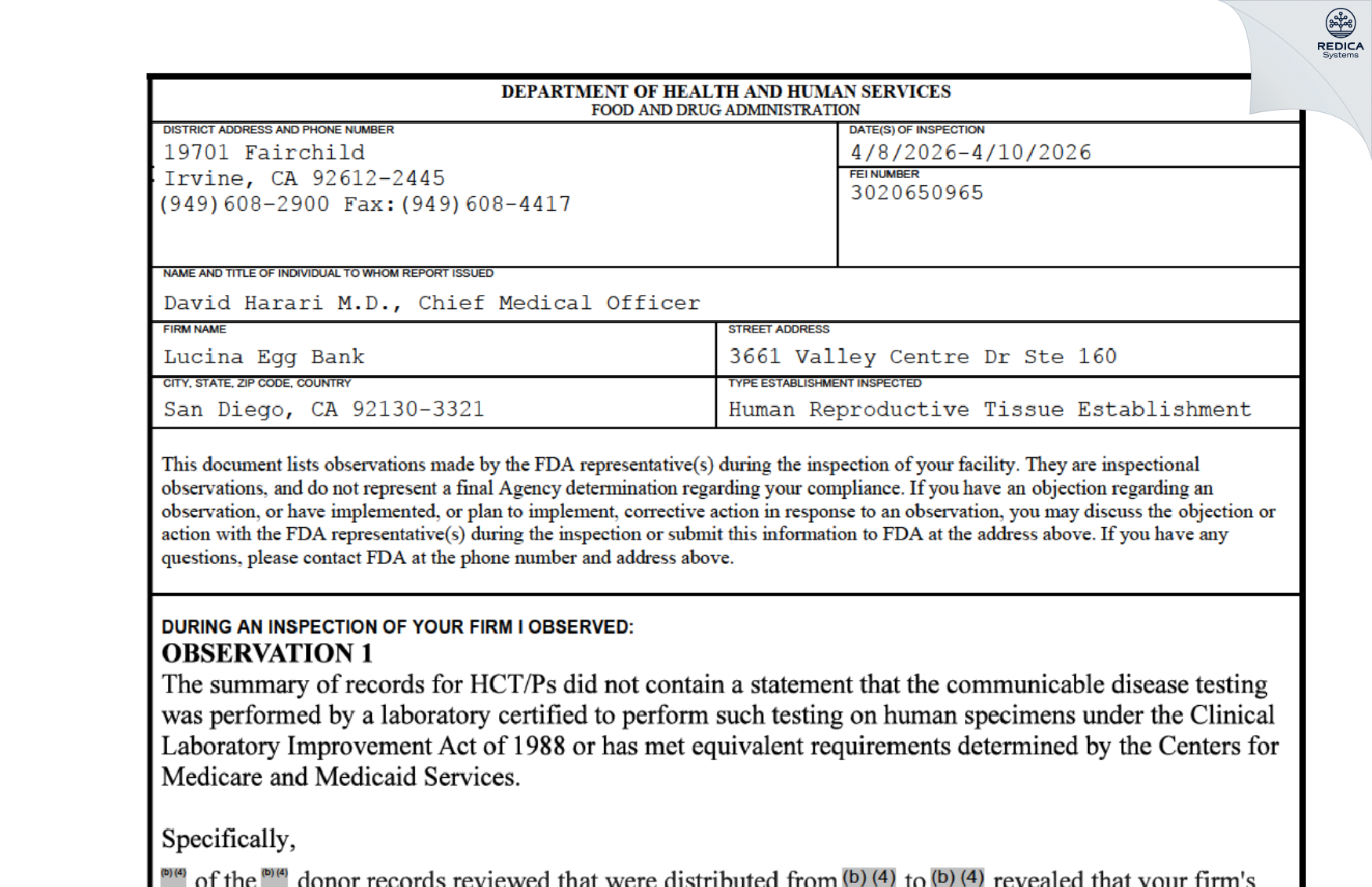 FDA 483 - Lucina Egg Bank [San Diego / United States of America] - Download PDF - Redica Systems