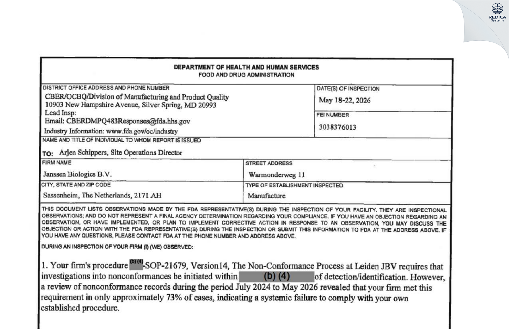 FDA 483 - Janssen Biologics B.V. [Sassenheim / Netherlands] - Download PDF - Redica Systems