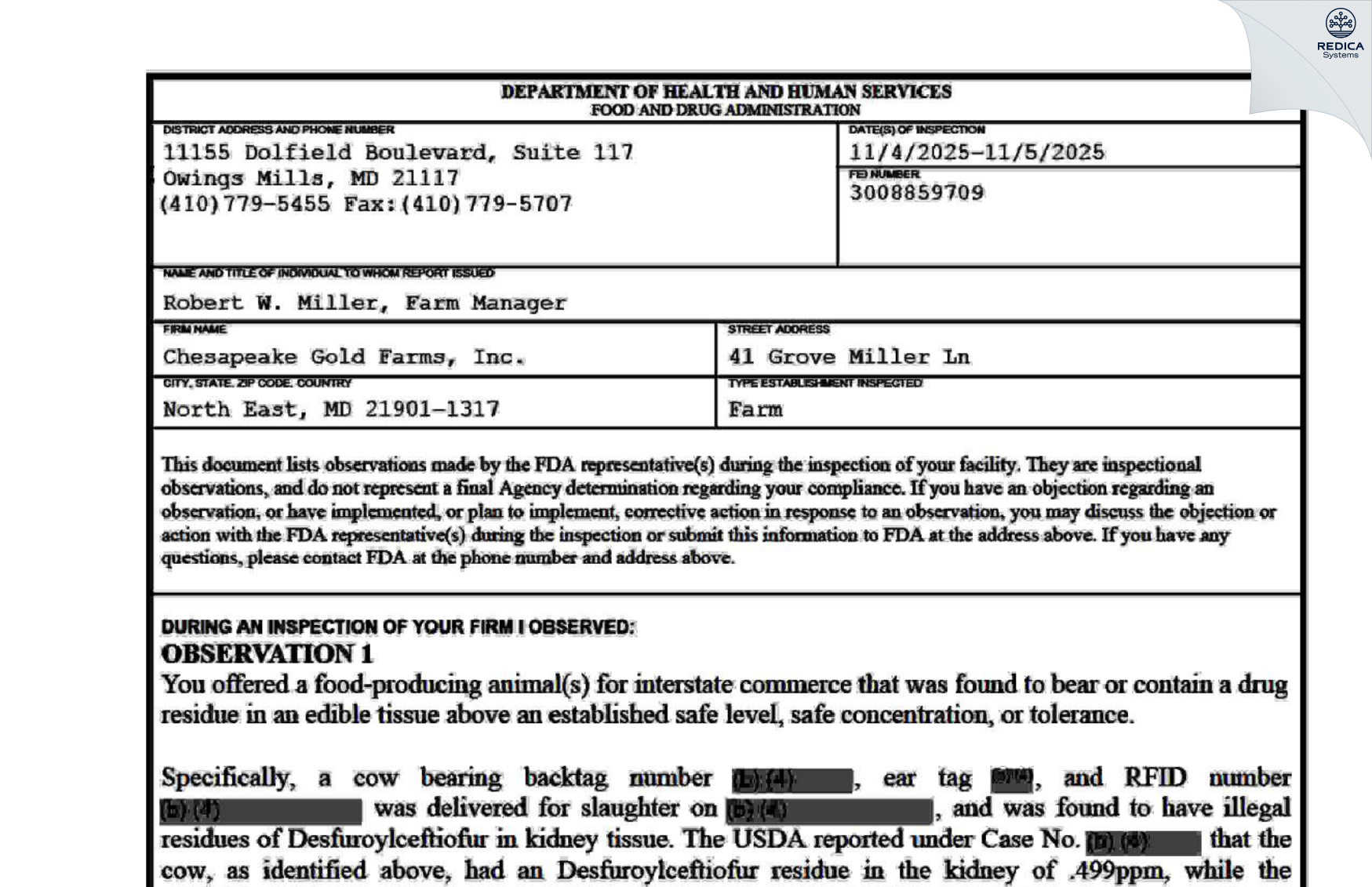 FDA 483 - Chesapeake Gold Farms, Inc. [North East / United States of America] - Download PDF - Redica Systems