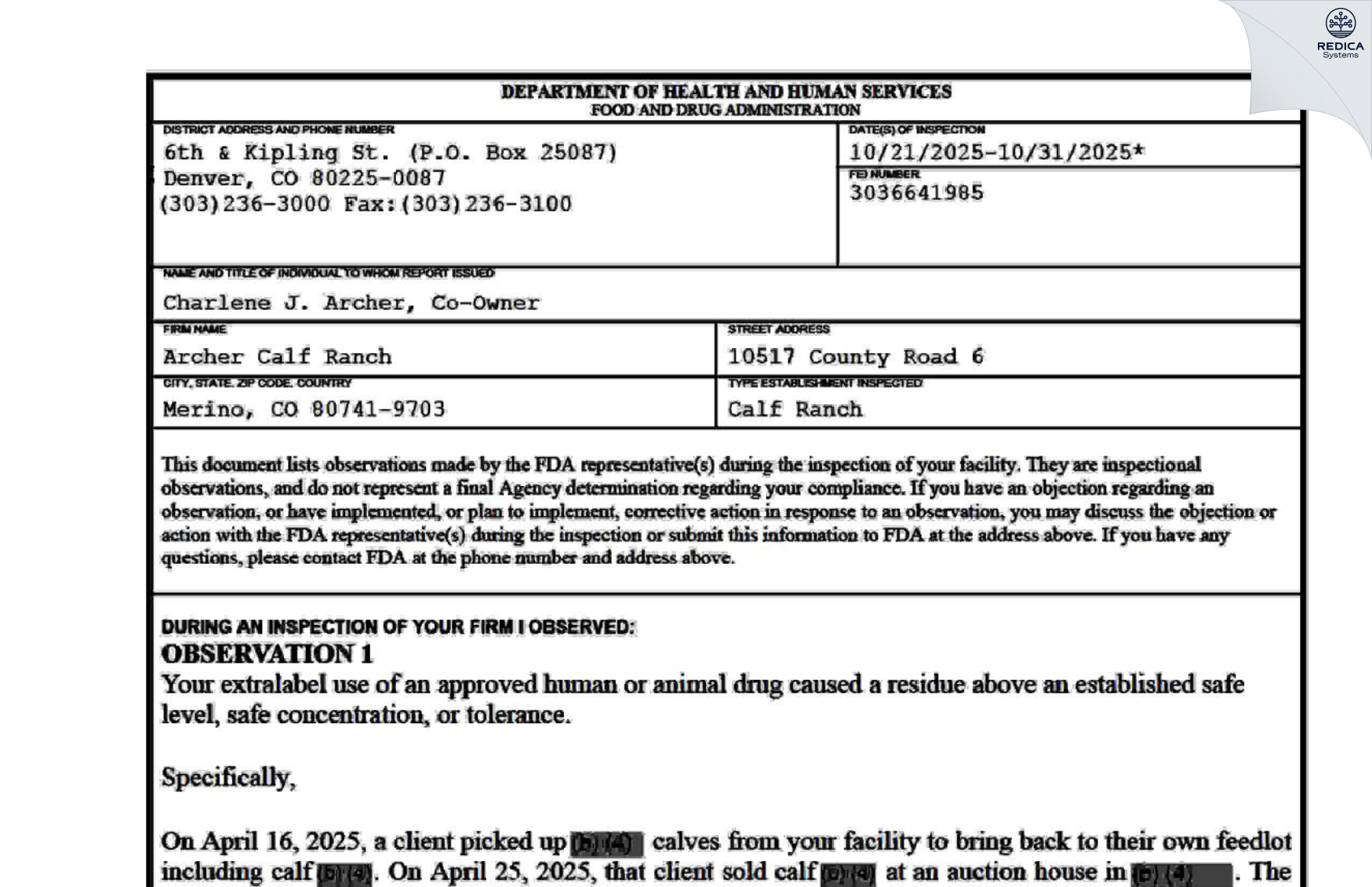 FDA 483 - Archer Calf Ranch [Merino / United States of America] - Download PDF - Redica Systems